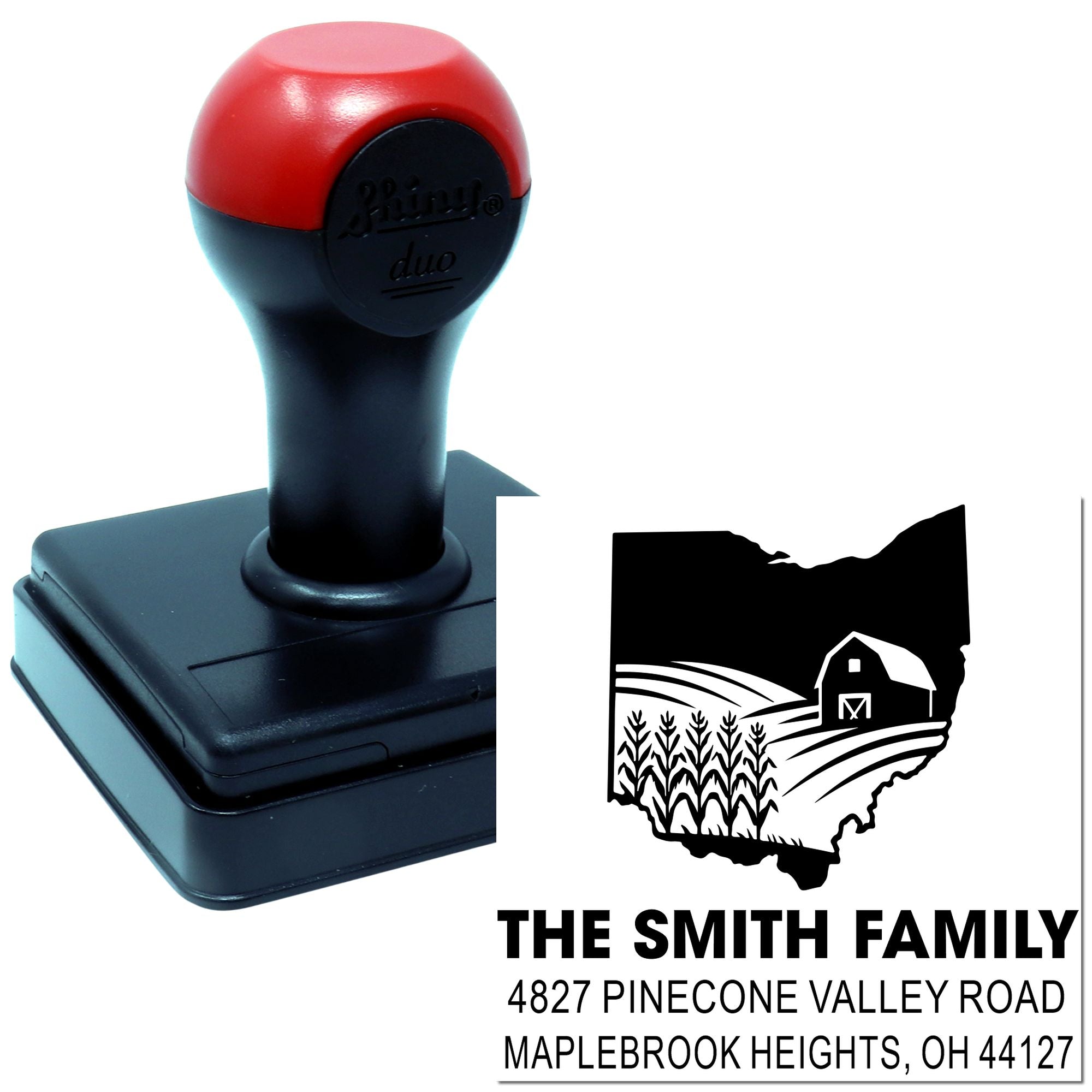 Personalized self-inking rubber stamp for The Smith Family with Ohio farm design and return address