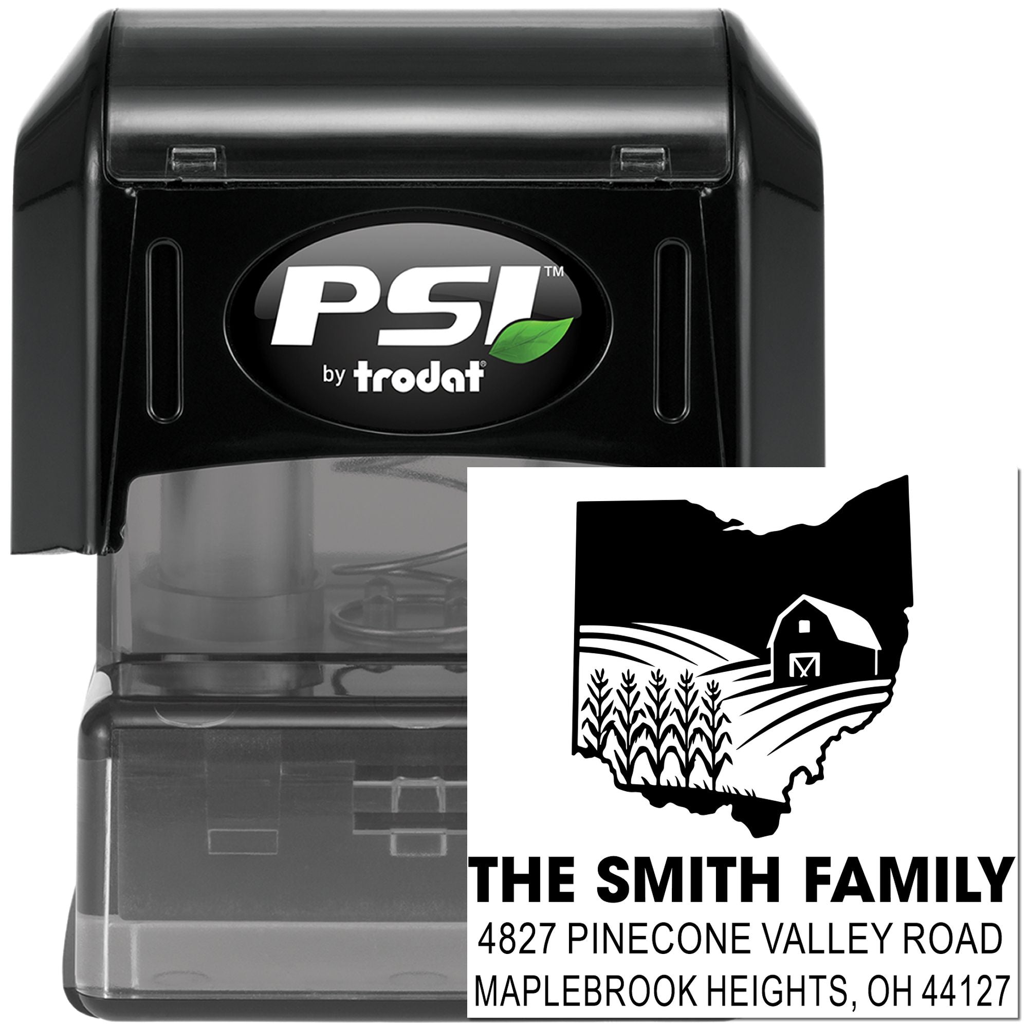 Custom self-inking address rubber stamp by PSI Trodat, personalized with farm design for The Smith Family return mail.