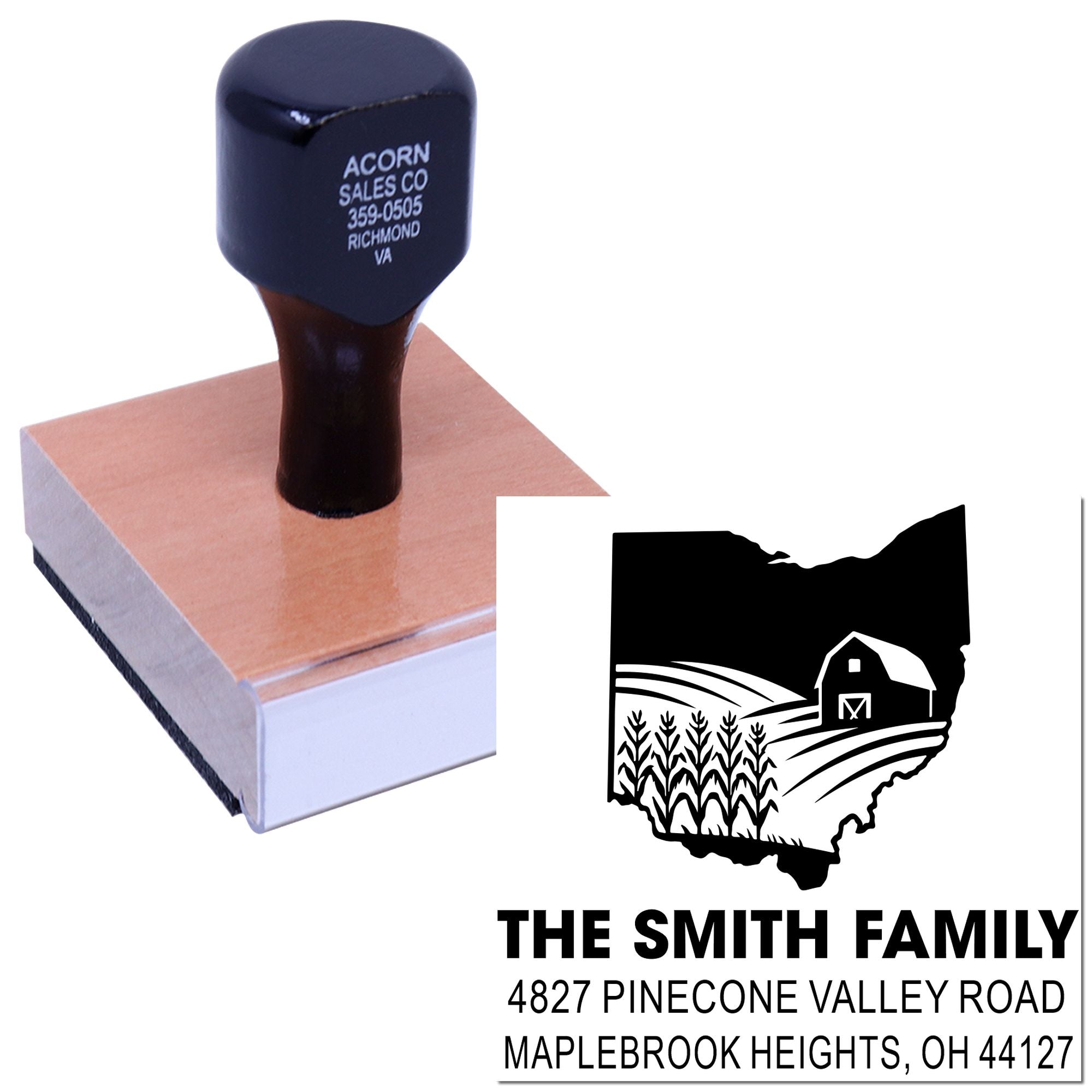 Custom rubber stamp with family farm logo, barn and cornfield address imprint for personalized mailing, branding and packaging.