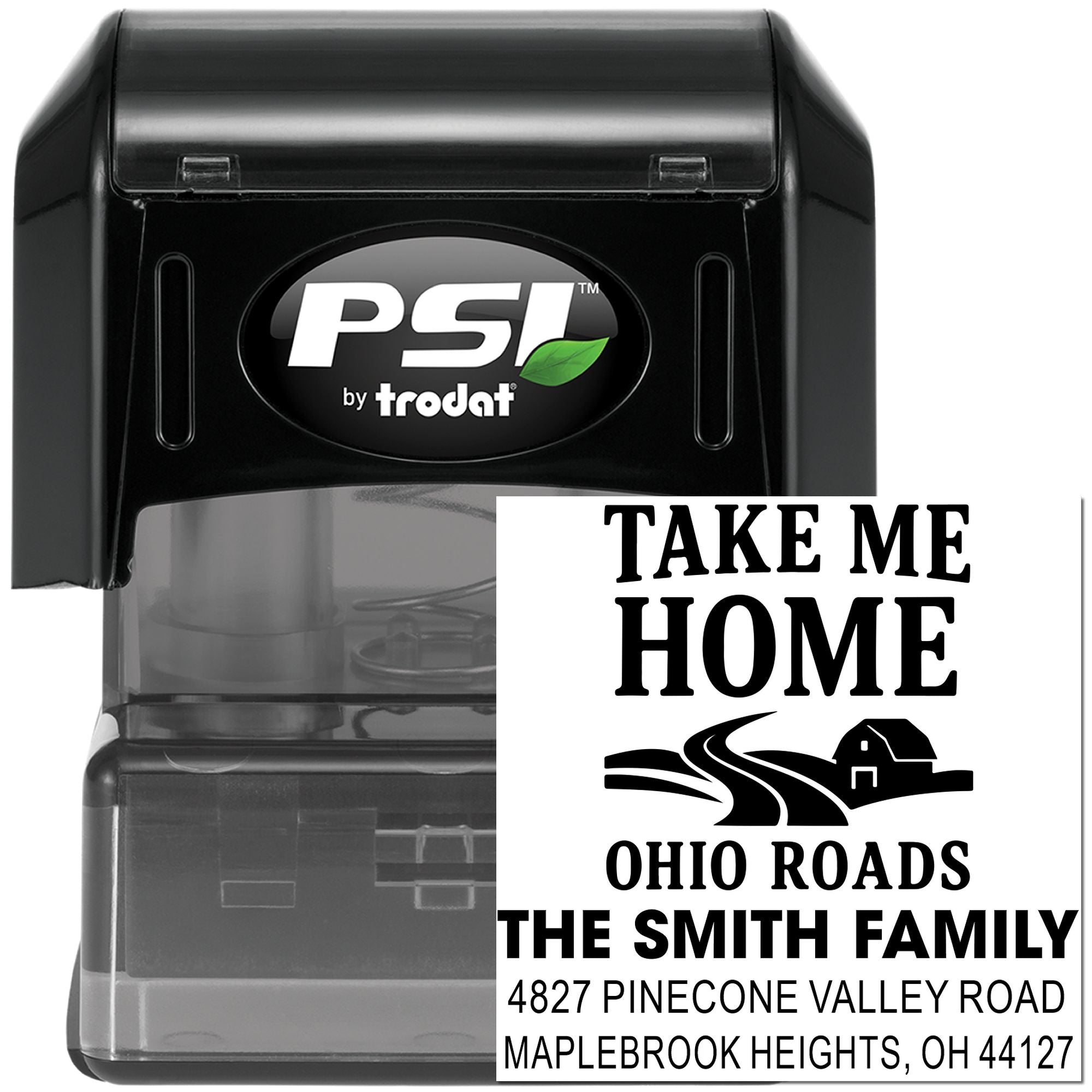 PSI by Trodat self-inking rubber stamp with custom Take Me Home family return address imprint