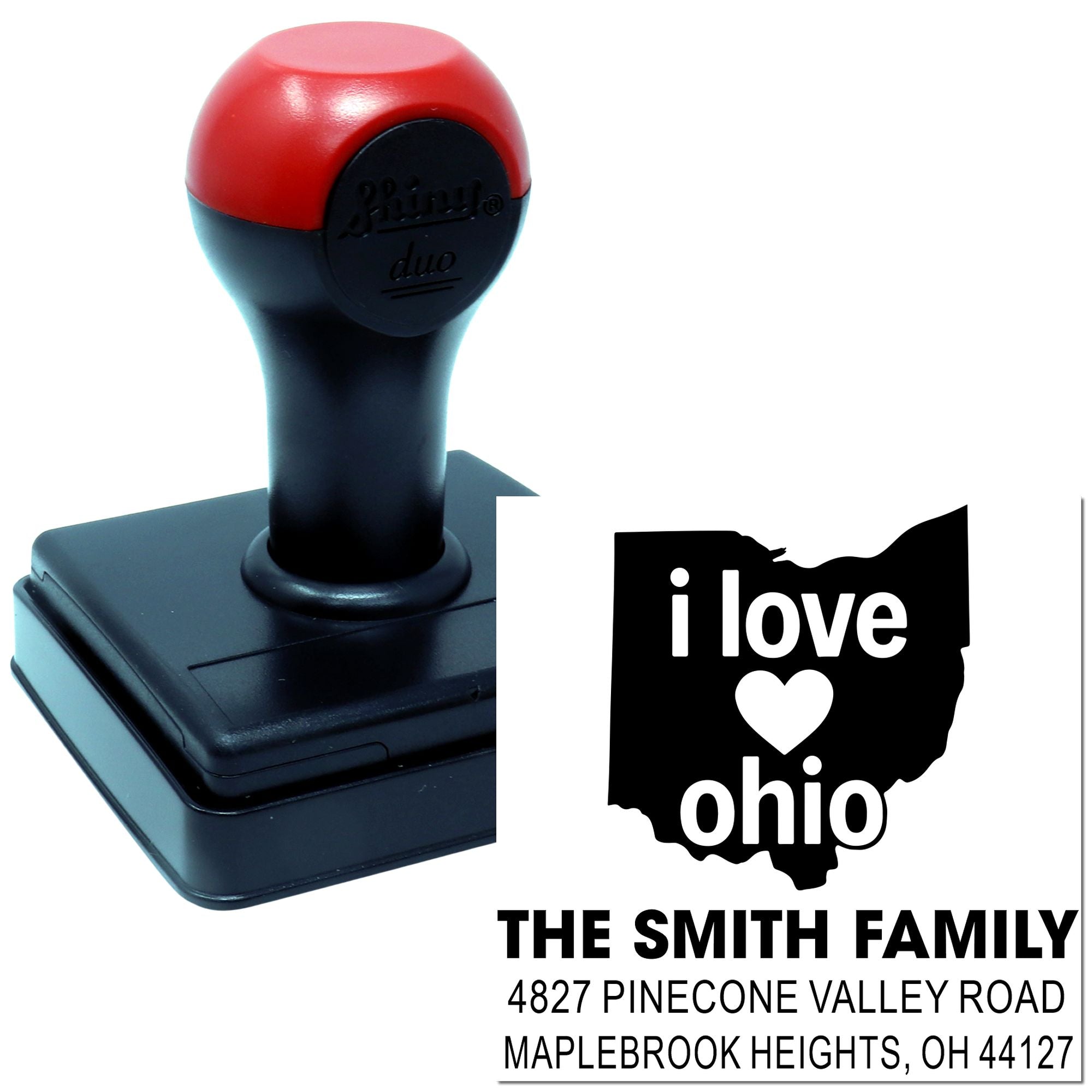 Custom Ohio return address self-inking rubber stamp with family name and address for personalized mailing.