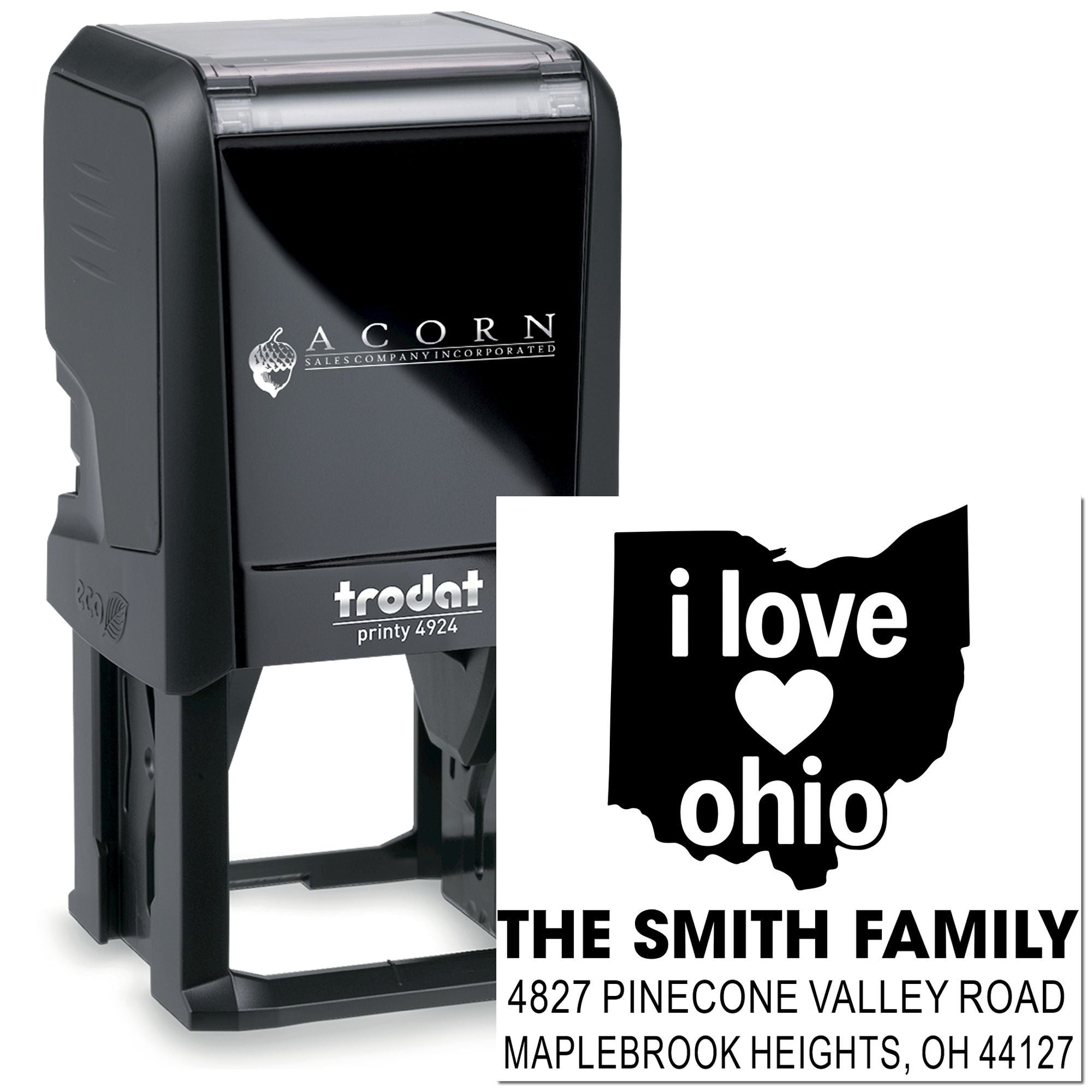 Custom self-inking rubber address stamp with Ohio design for The Smith Family and full mailing address.