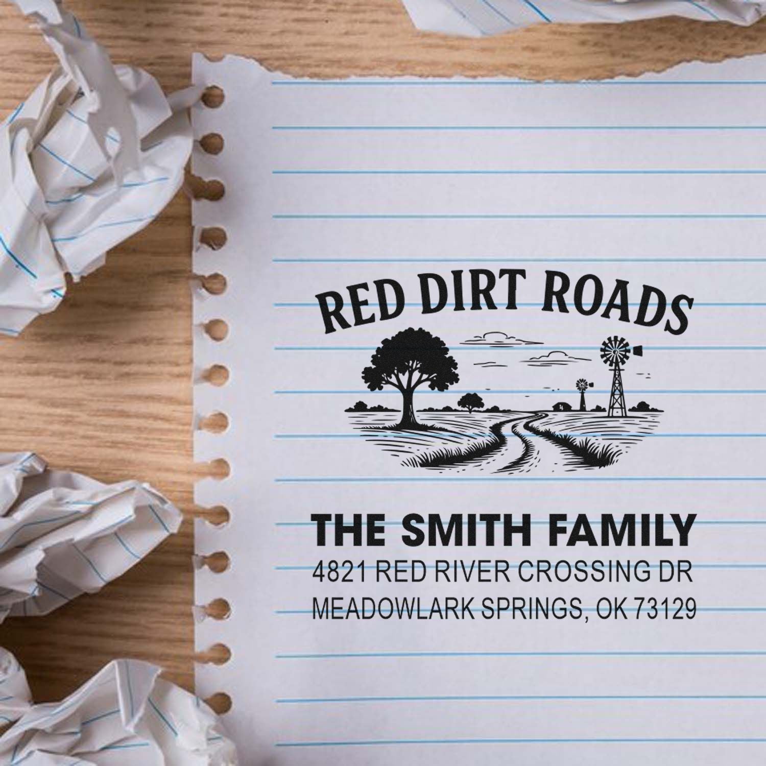 Custom return address rubber stamp for The Smith Family, featuring a Red Dirt Roads design with farmhouse and windmill.