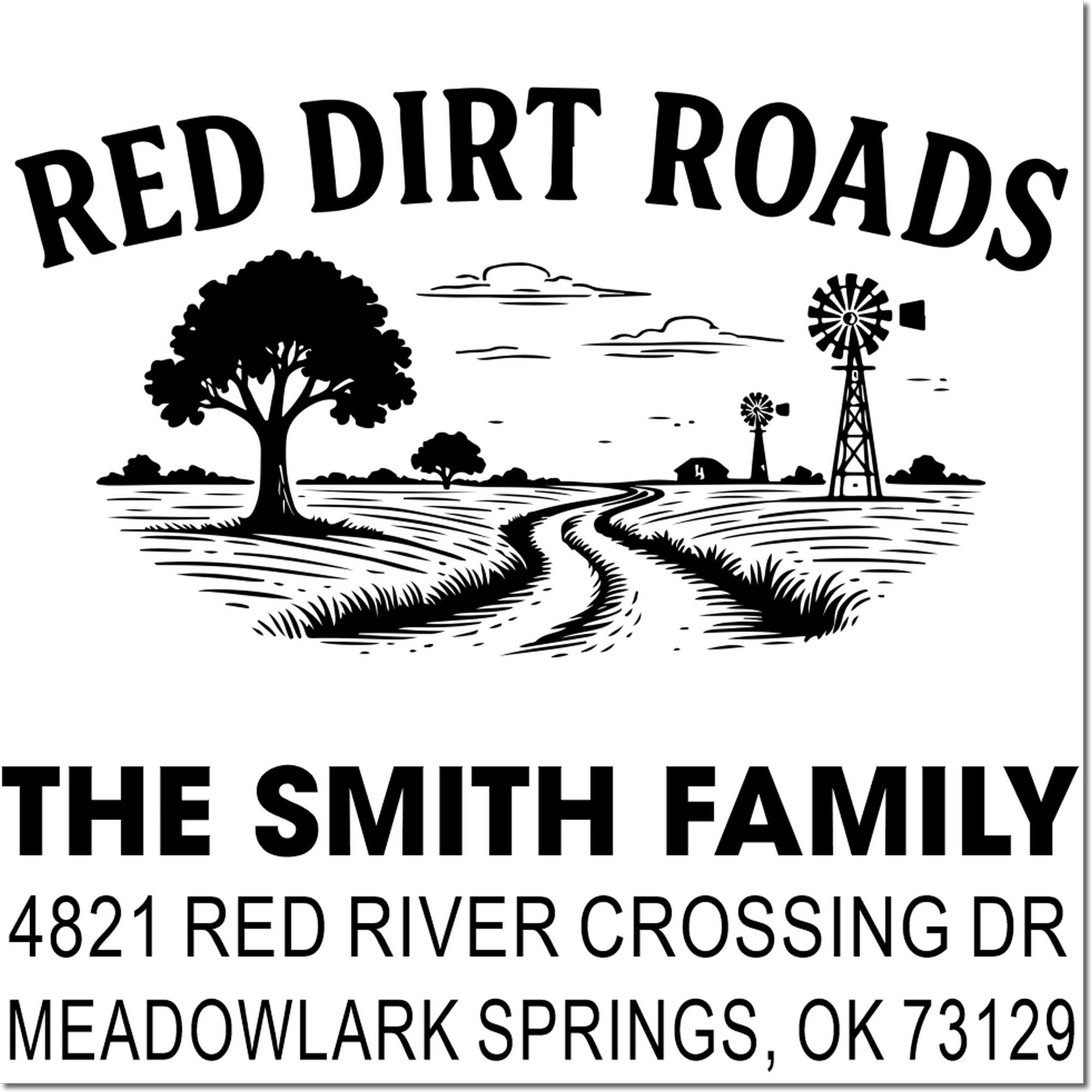 Custom rubber stamp with Red Dirt Roads ranch design for The Smith Family, 4821 Red River Crossing Dr, Meadowlark Springs, OK.