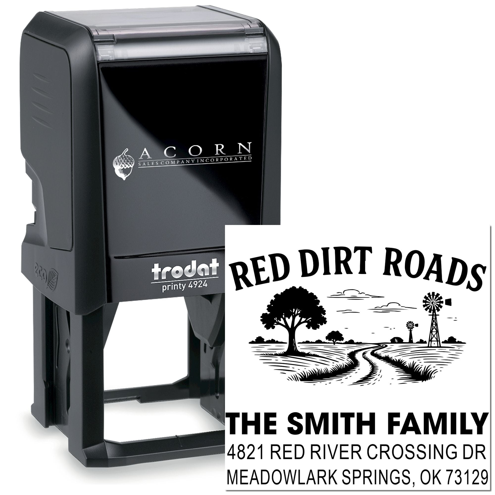 Custom self-inking address rubber stamp, Trodat Printy 4924, with family name and rural road design imprint.