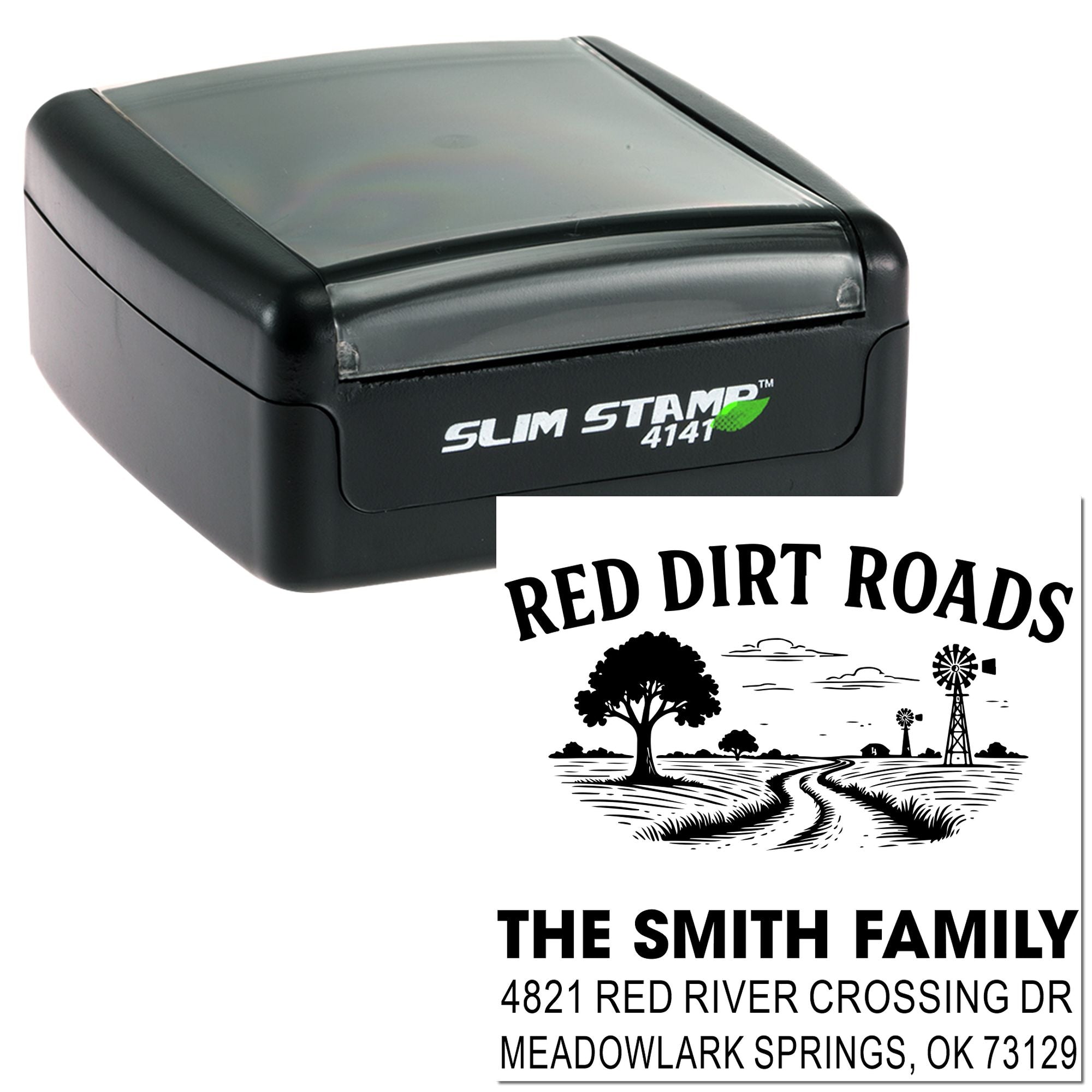 Slim self-inking custom address rubber stamp showing Red Dirt Roads family name and return address design.