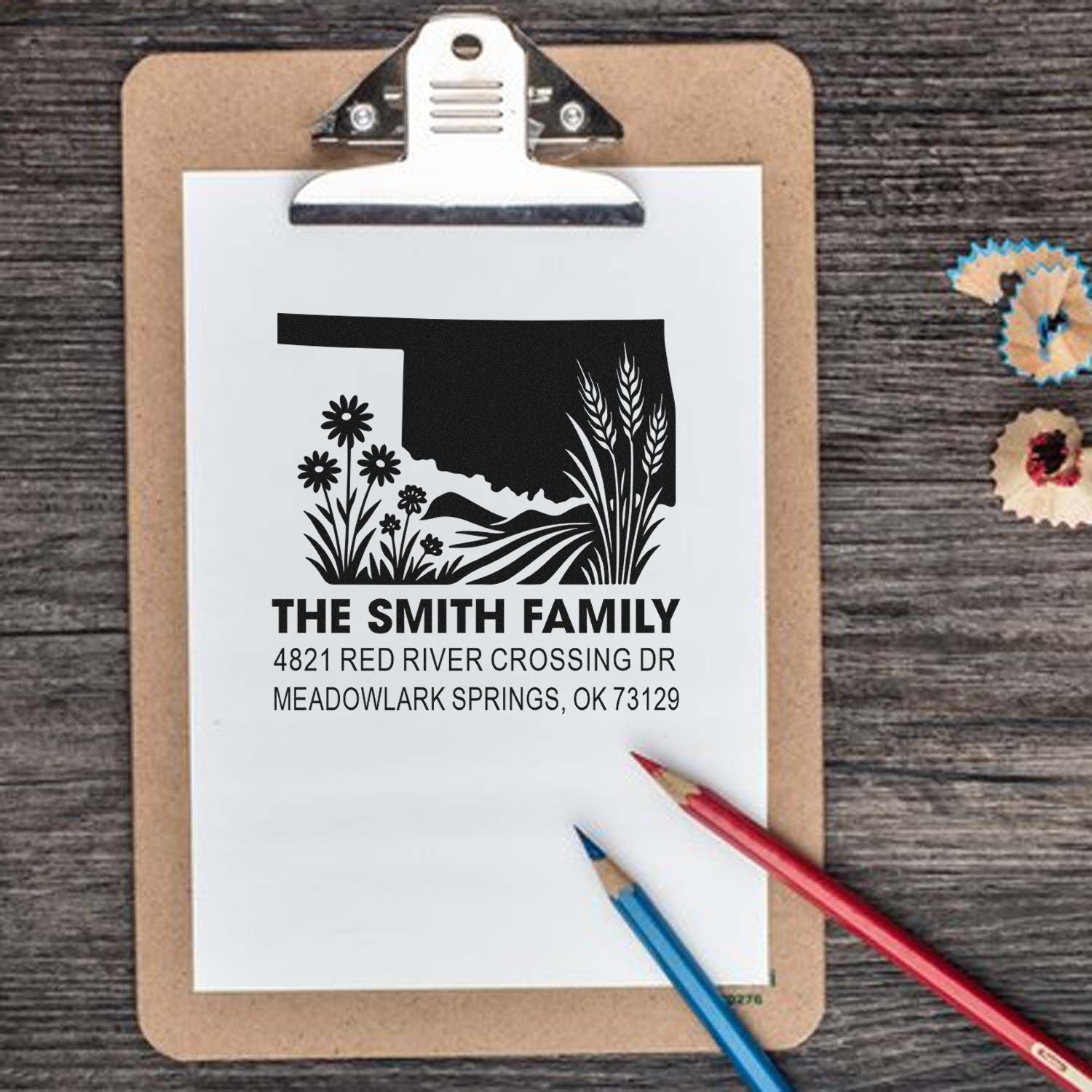 Custom Oklahoma family address rubber stamp with floral state design, perfect for personalized return mail and wedding invitations.