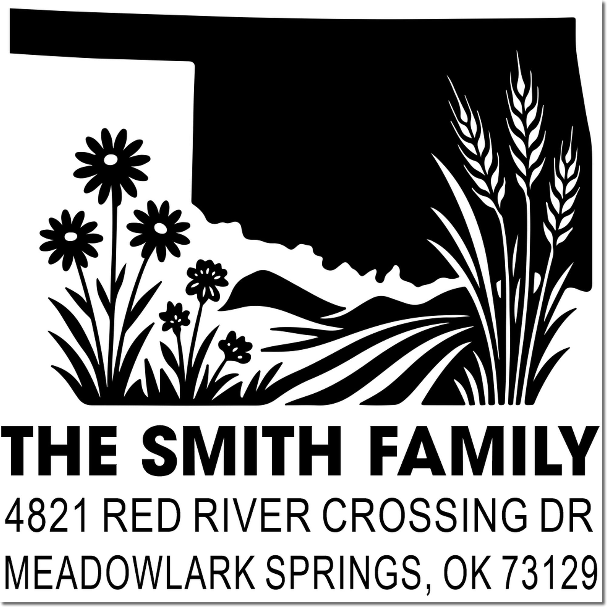 Custom rubber return address stamp with Oklahoma landscape, family name, and Meadows Springs address for personalized mailing.