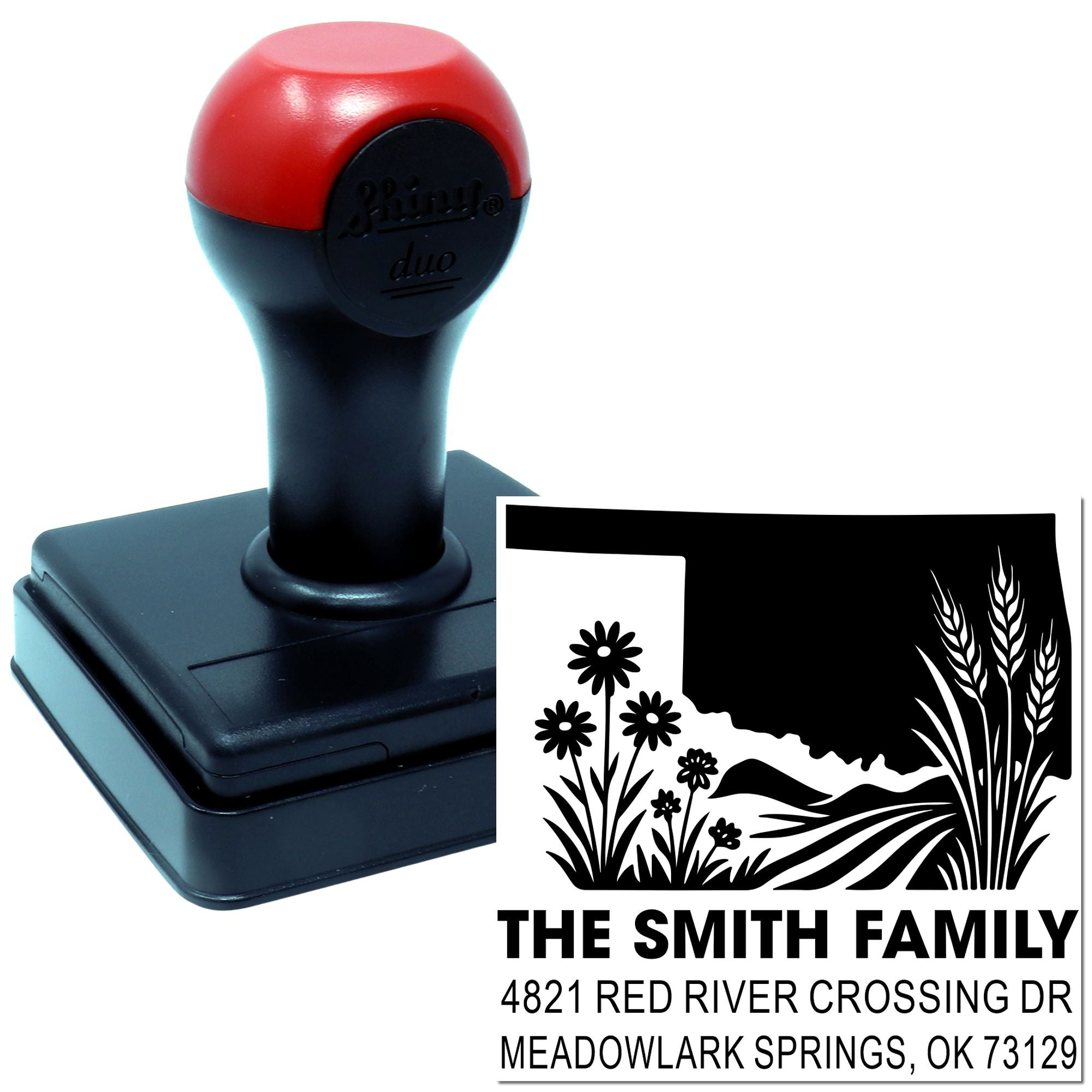 Custom self-inking return address rubber stamp with floral design for The Smith Family, Meadowlark Springs, OK.