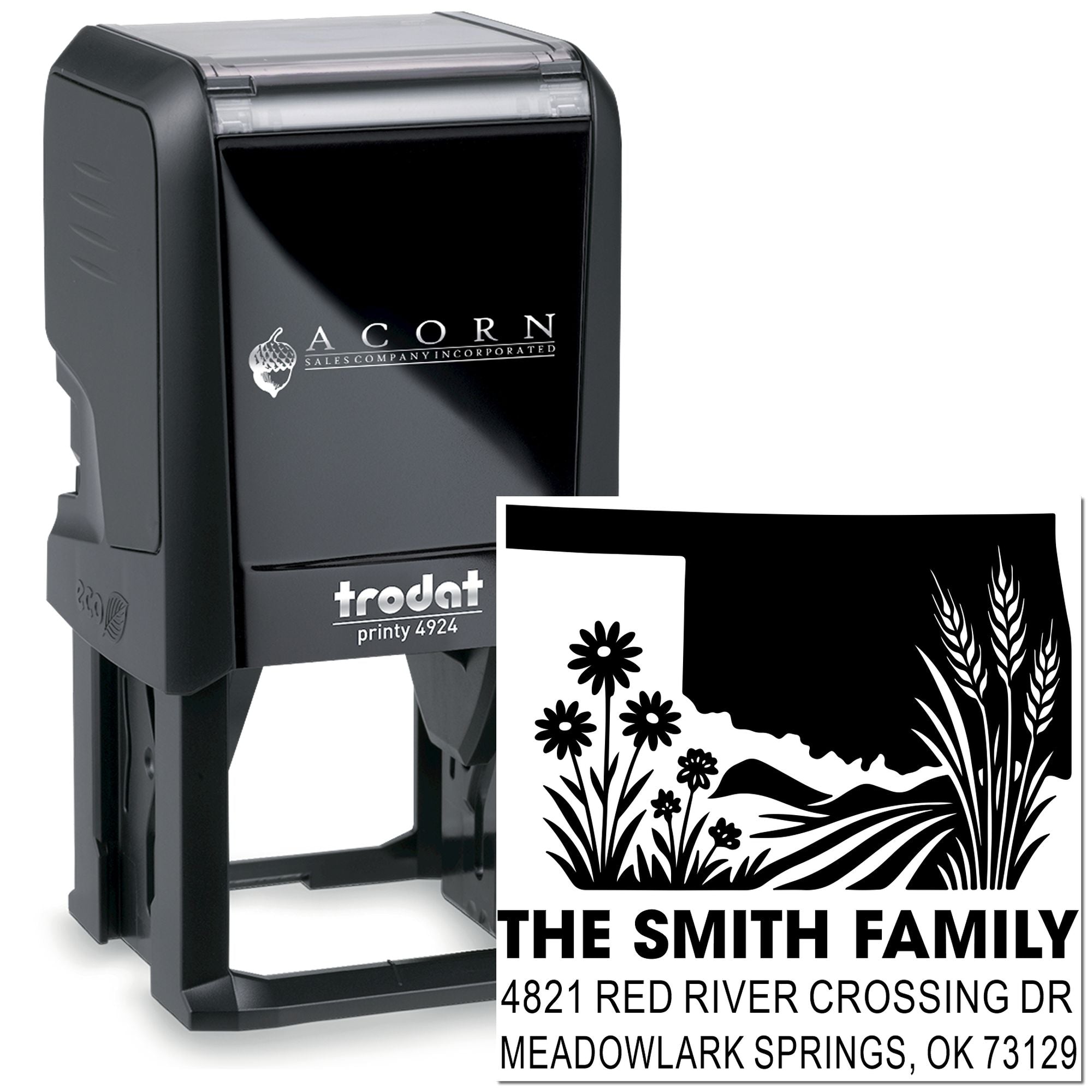 Custom self-inking rubber address stamp for family name and return address on mail, invitations, and envelopes.