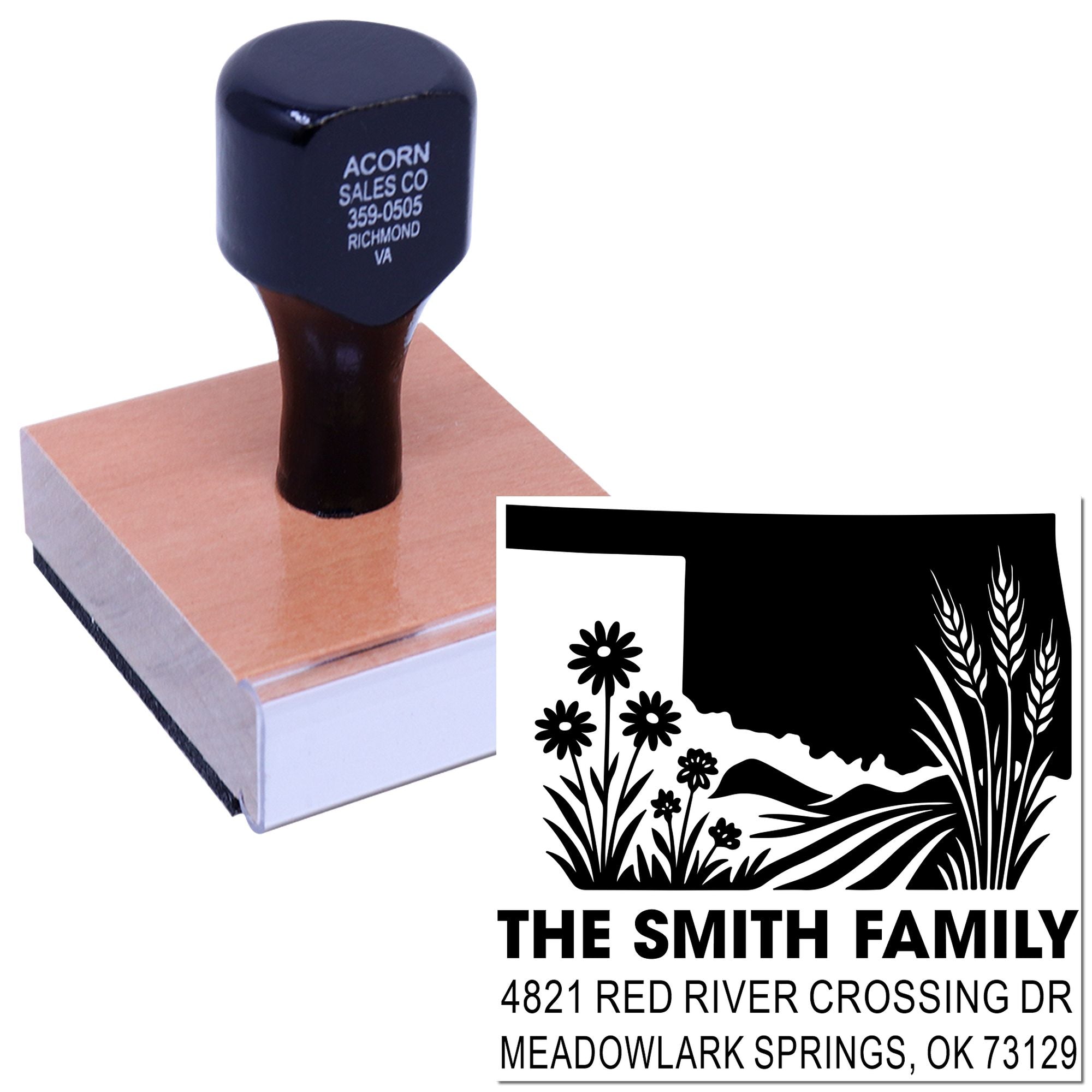 Personalized self-inking address rubber stamp with family name, Oklahoma design, and return mailing address.