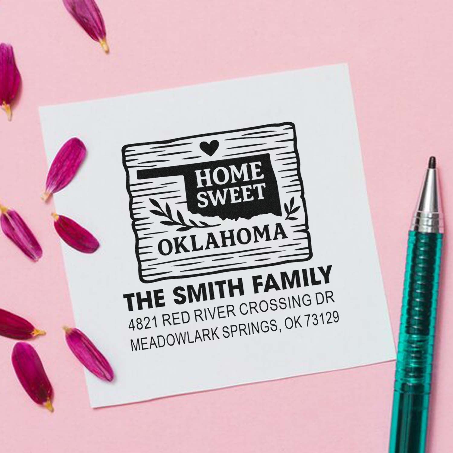 Custom Home Sweet Oklahoma return address rubber stamp for The Smith Family.