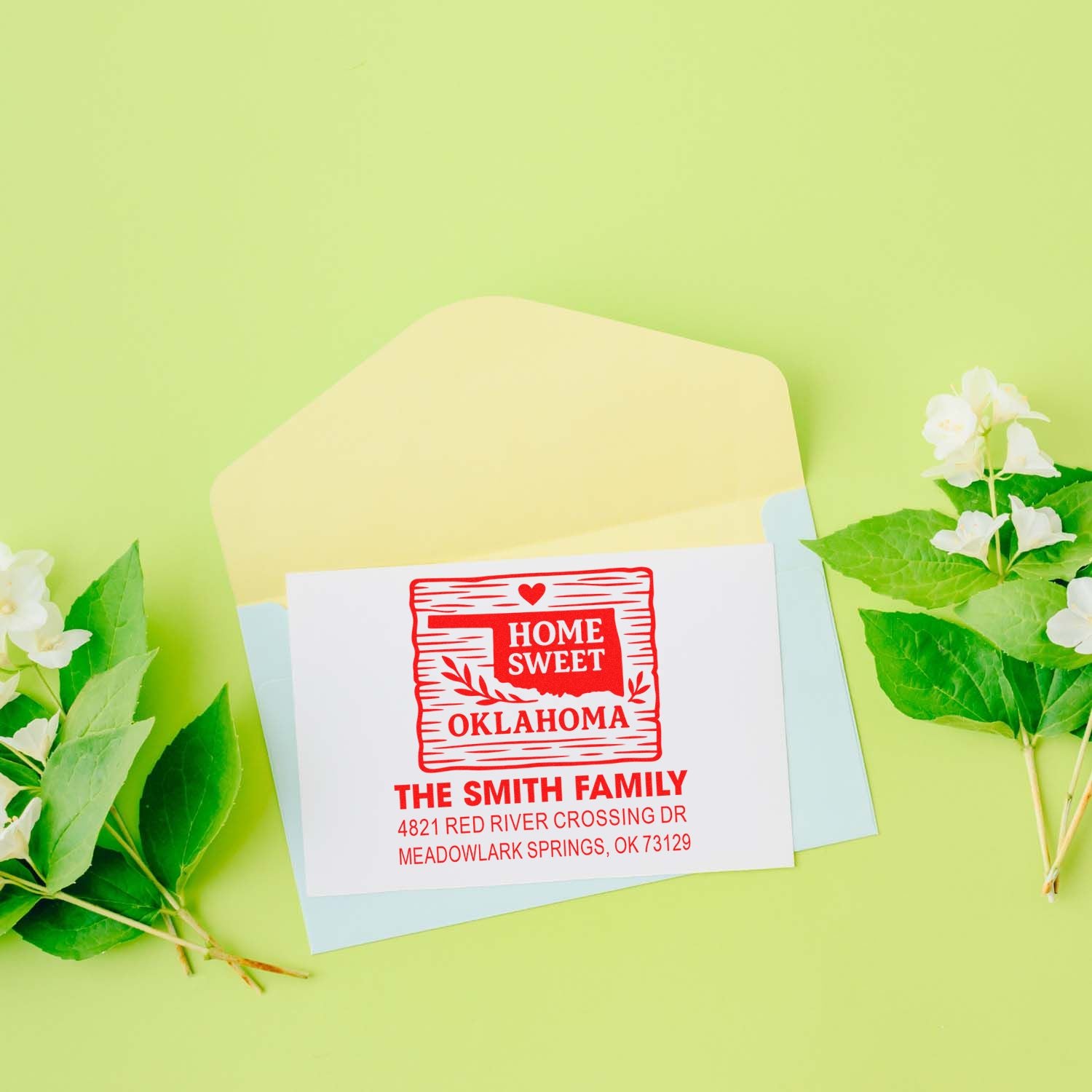 Personalized rubber stamp return address design with Home Sweet Oklahoma, Smith family name, and mailing address for envelopes.