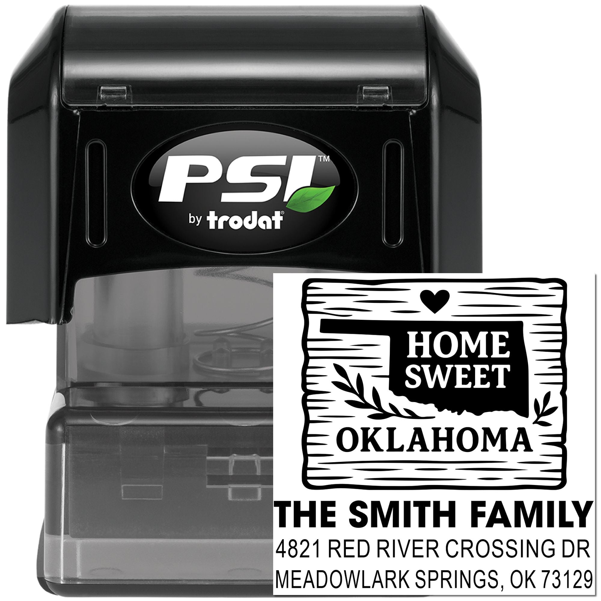 Custom Home Sweet Oklahoma return address rubber stamp for The Smith Family, with personalized address imprint.