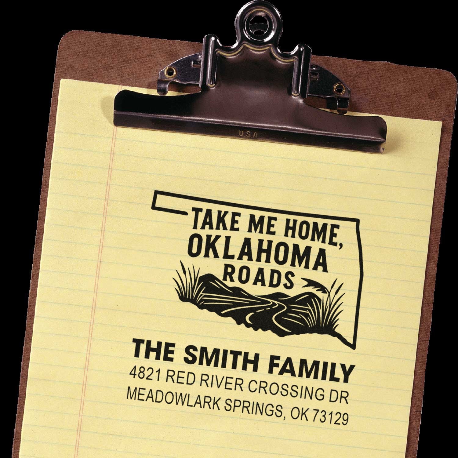 Custom return address rubber stamp for The Smith Family, featuring Oklahoma Roads design and personalized home mailing address.