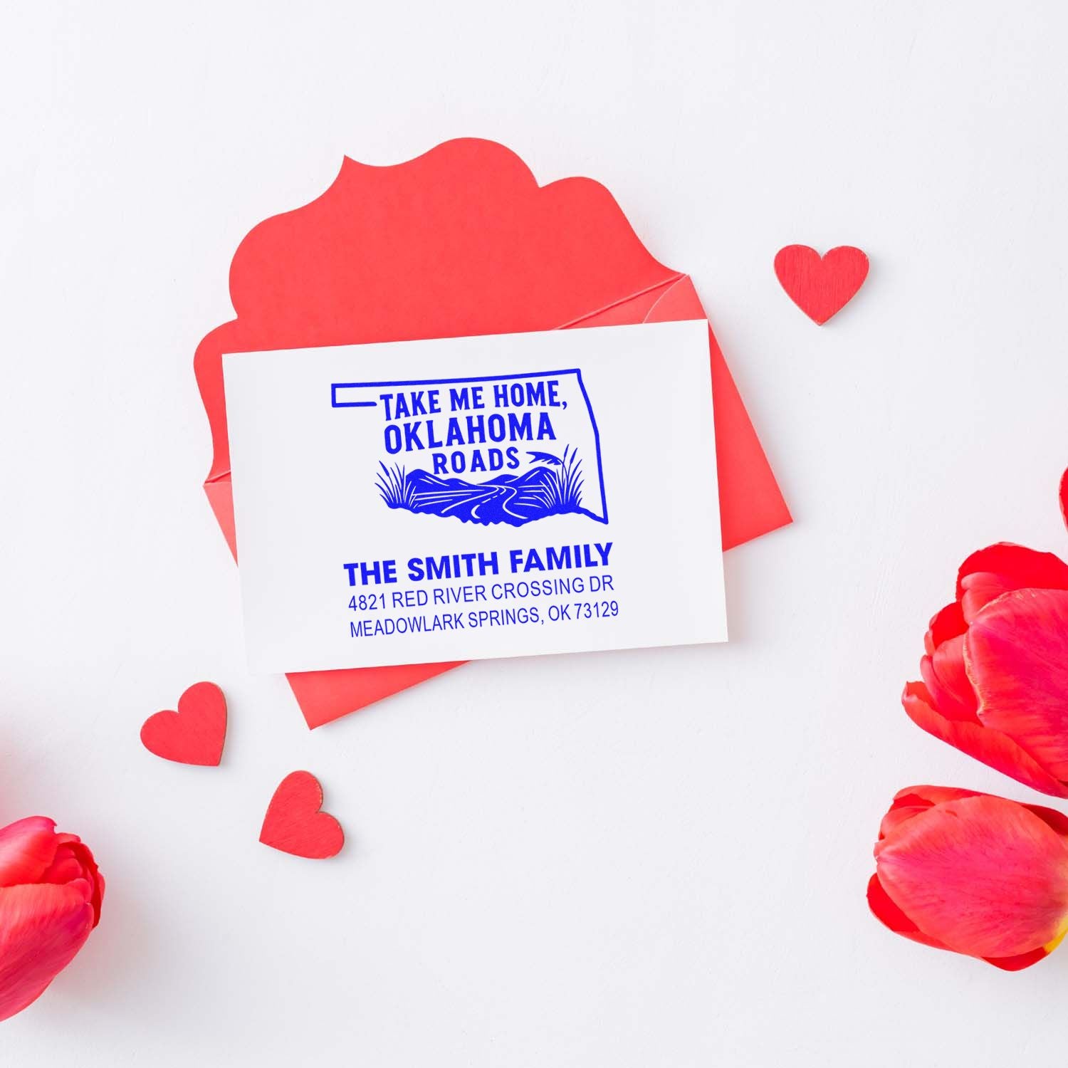 Personalized Oklahoma return address rubber stamp for The Smith Family, perfect for custom mail, invitations and Valentine cards.