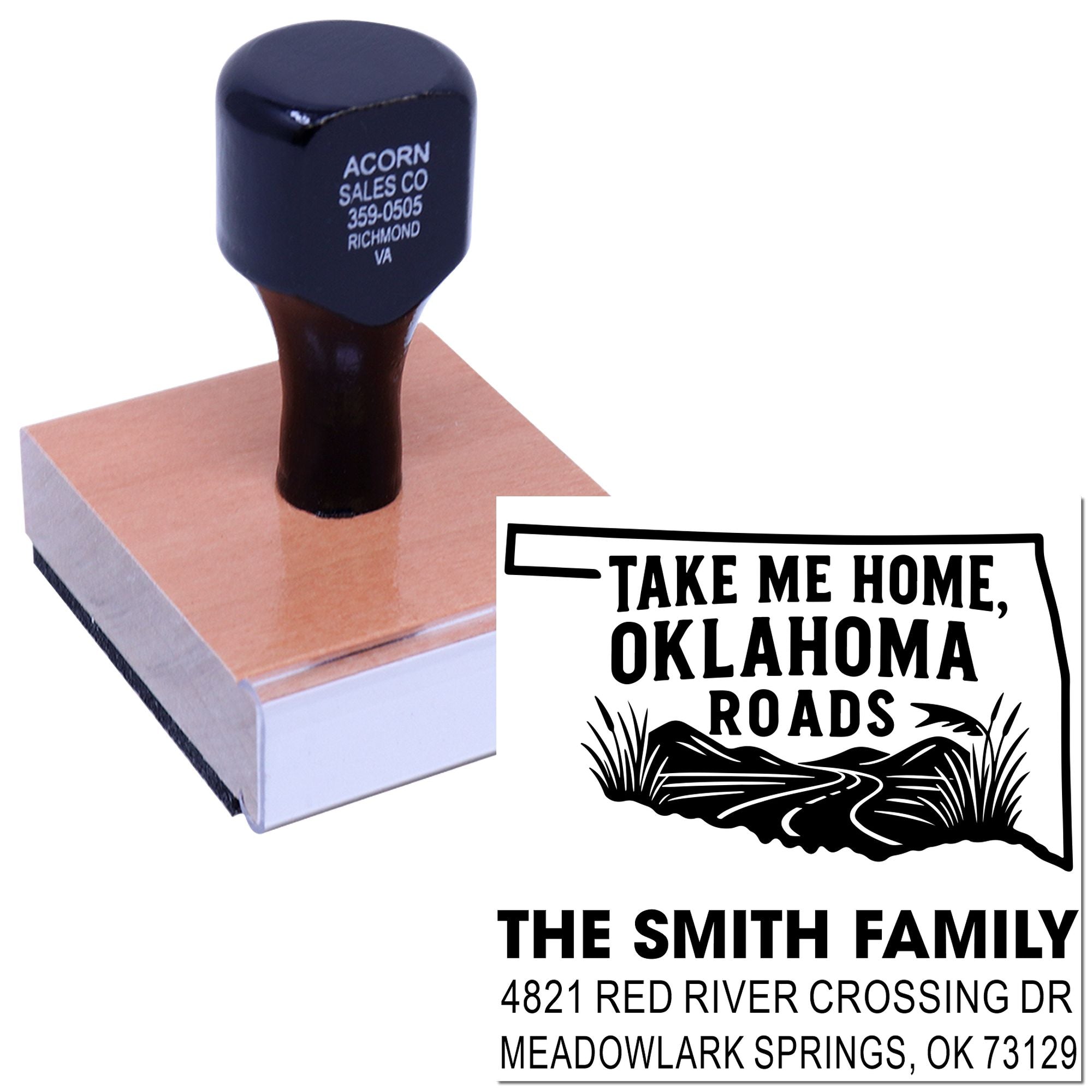 Custom rubber stamp with Oklahoma road design and return address for personalized family mail and homecoming gifts