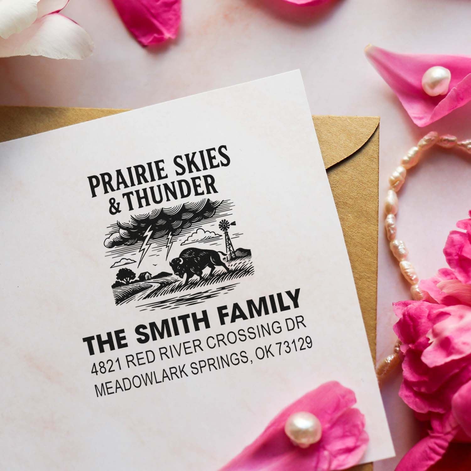 Custom return address rubber stamp with Prairie Skies & Thunder western design for The Smith Family on wedding stationery.