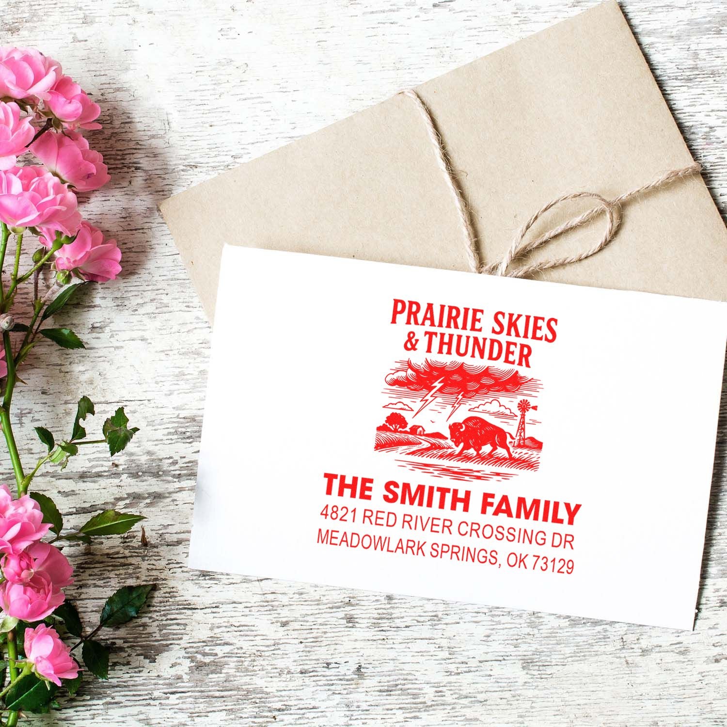Custom return address rubber stamp with Prairie Skies & Thunder design for personalized family envelopes and mailing.