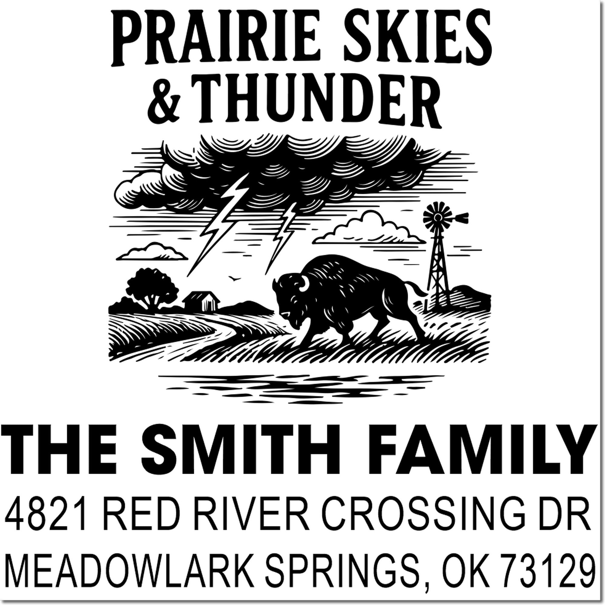 Personalized return address rubber stamp for The Smith Family, Prairie Skies & Thunder design, Meadowlark Springs, OK.