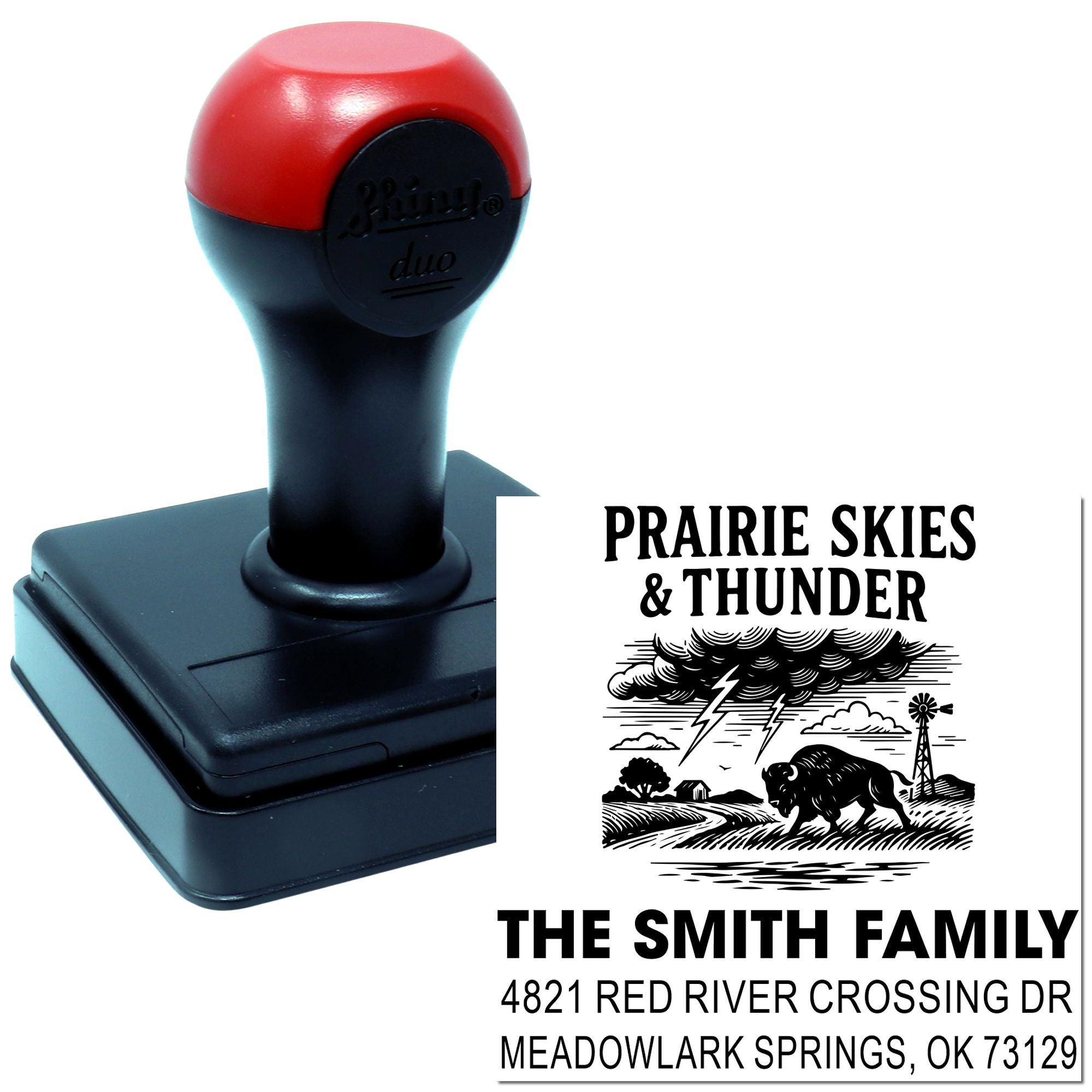 Custom self-inking rubber address stamp with western bison design and Prairie Skies & Thunder family return address.