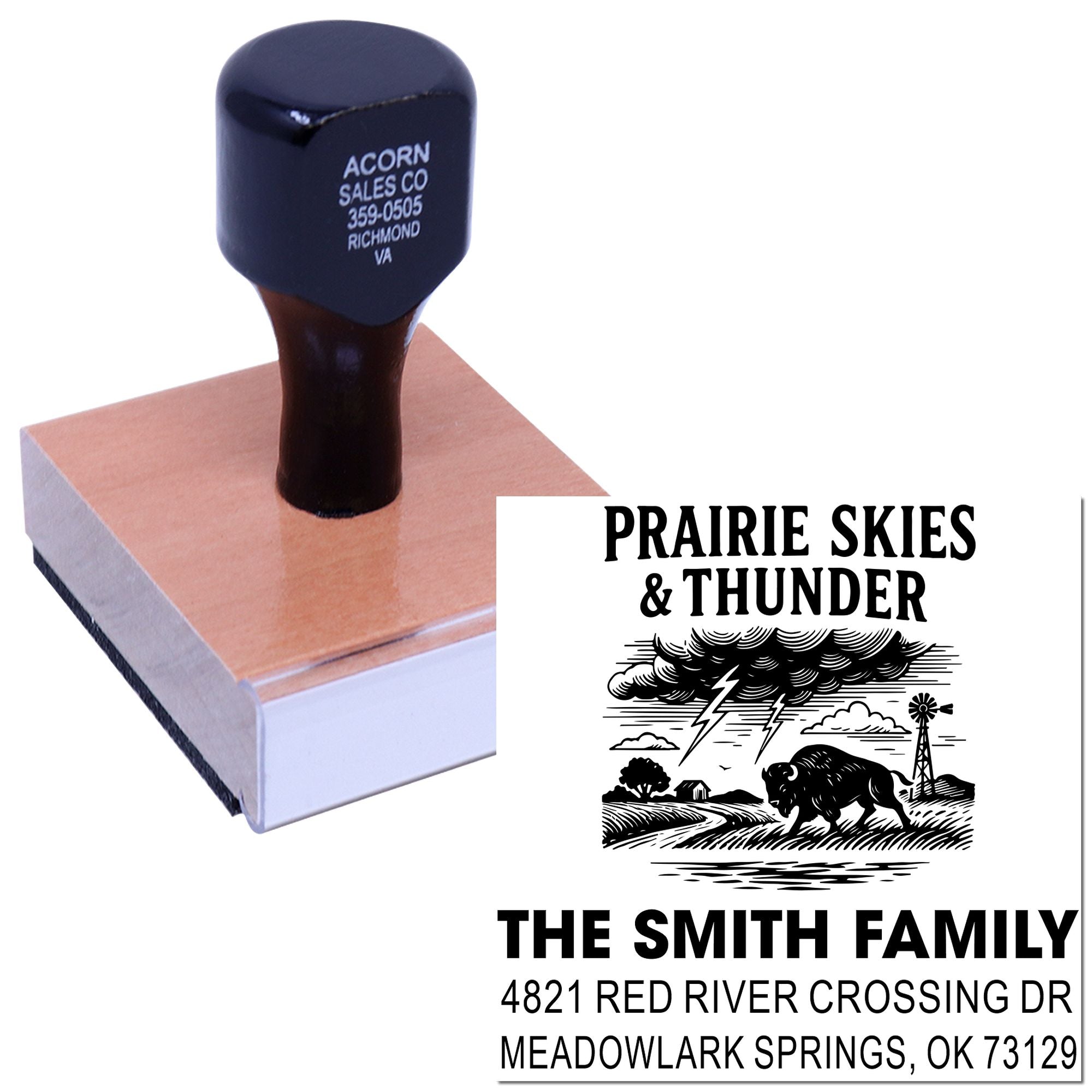Custom rubber address stamp with Prairie Skies & Thunder ranch design and Smith family return address for envelopes.