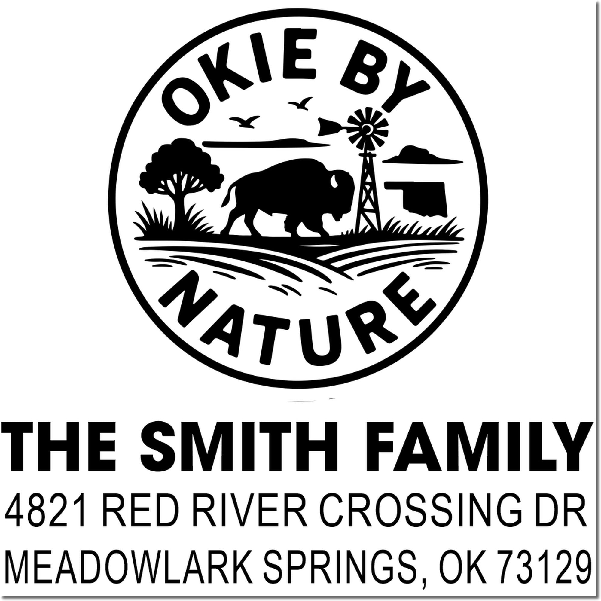 Custom Okie by Nature return address rubber stamp for The Smith Family, featuring buffalo, windmill and Meadowlark Springs, OK.
