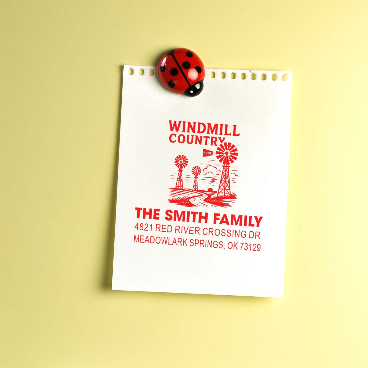 Custom return address rubber stamp impression with Windmill Country design for The Smith Family
