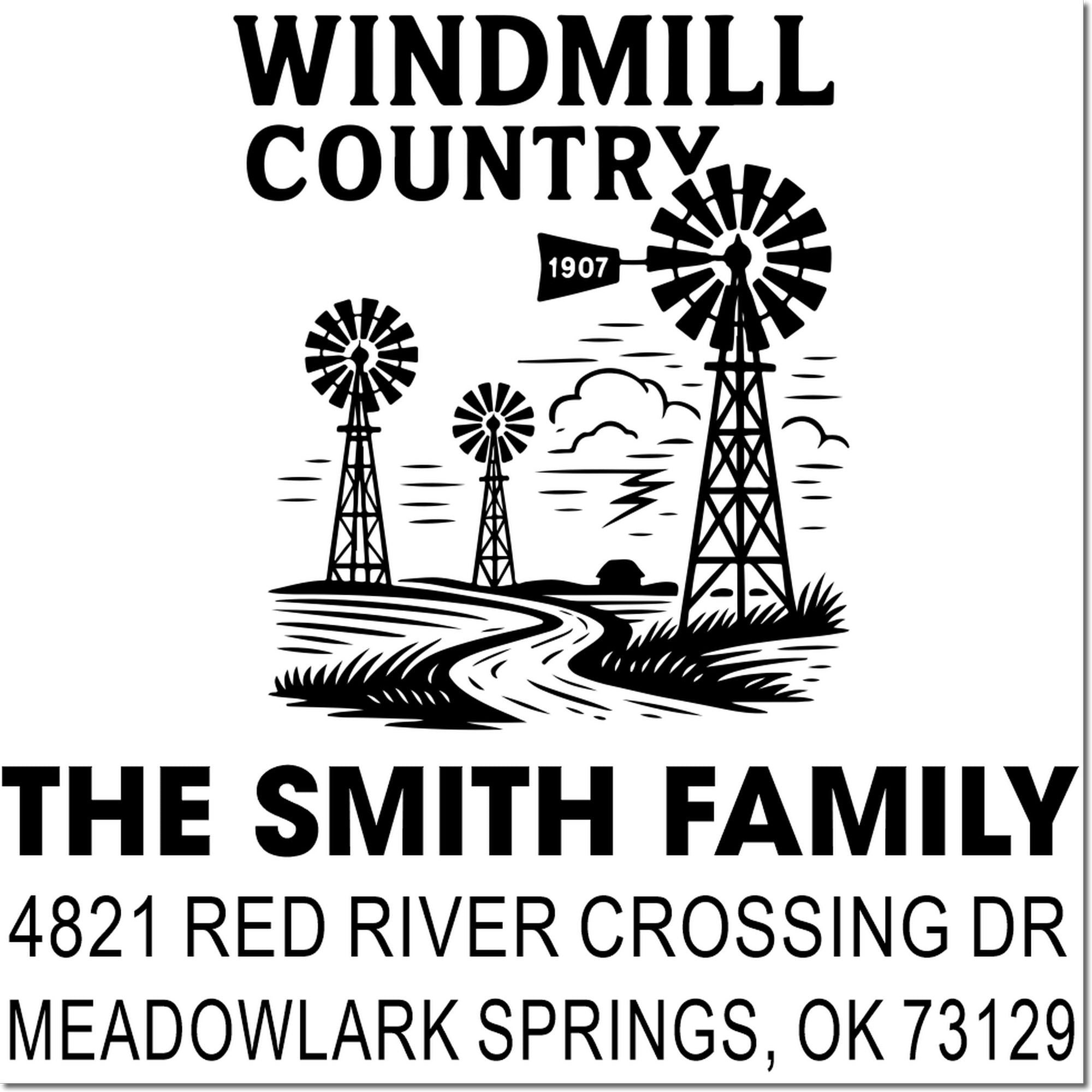 Custom address rubber stamp with Windmill Country windmill design, Smith family name, and Meadowlark Springs, OK address.