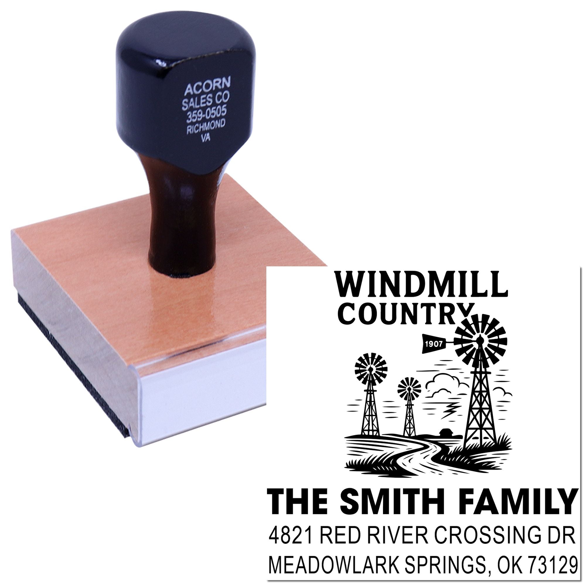 Custom rubber address stamp with windmill country family return address design for personalized mailing.