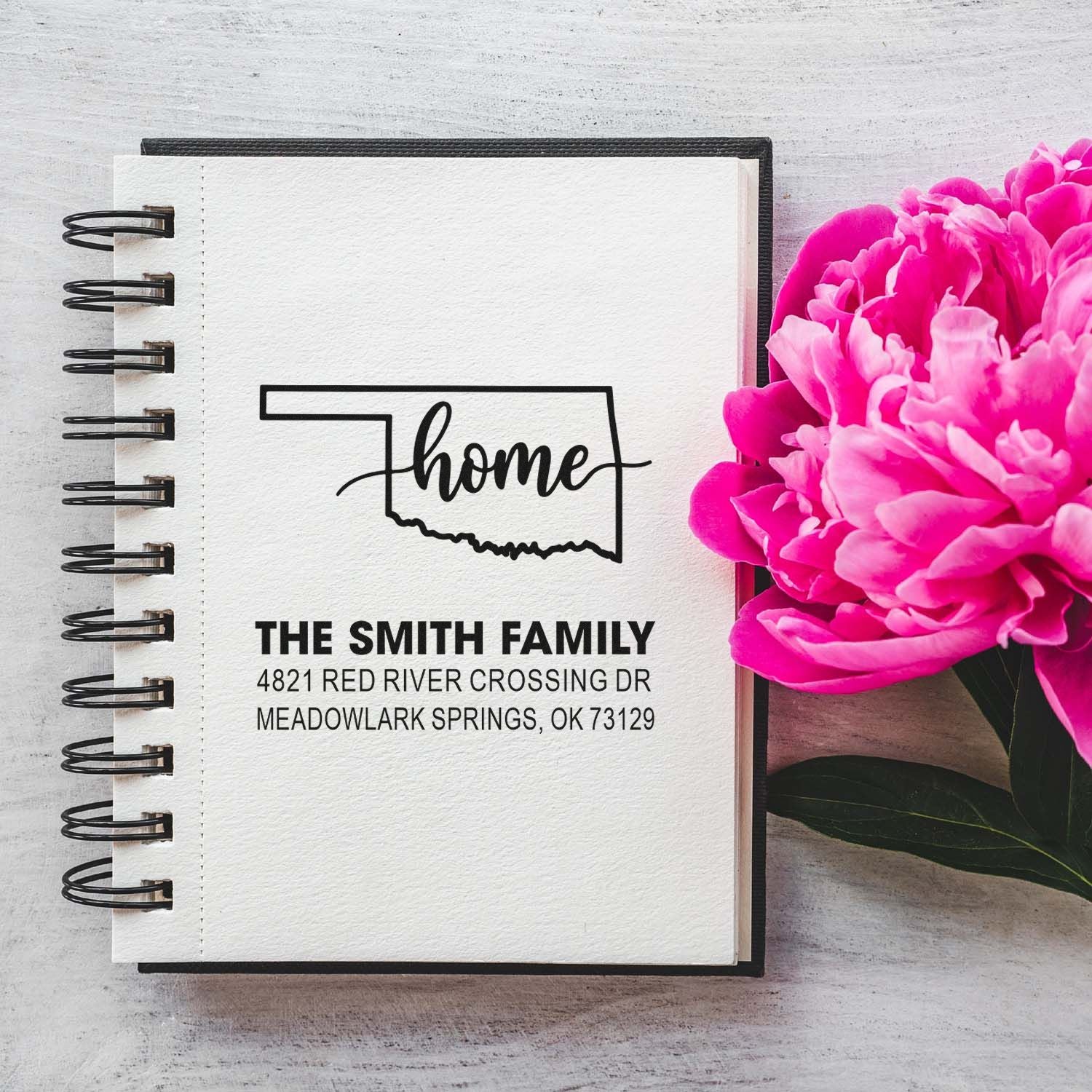 Personalized return address rubber stamp with Oklahoma home design for The Smith Family.