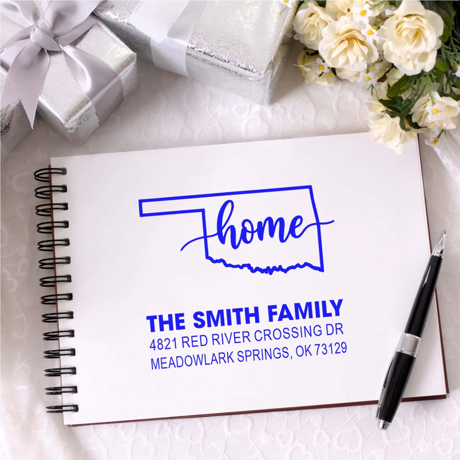 Custom home address rubber stamp for The Smith Family, ideal for personalized stationery, mail, and wedding thank-you cards.