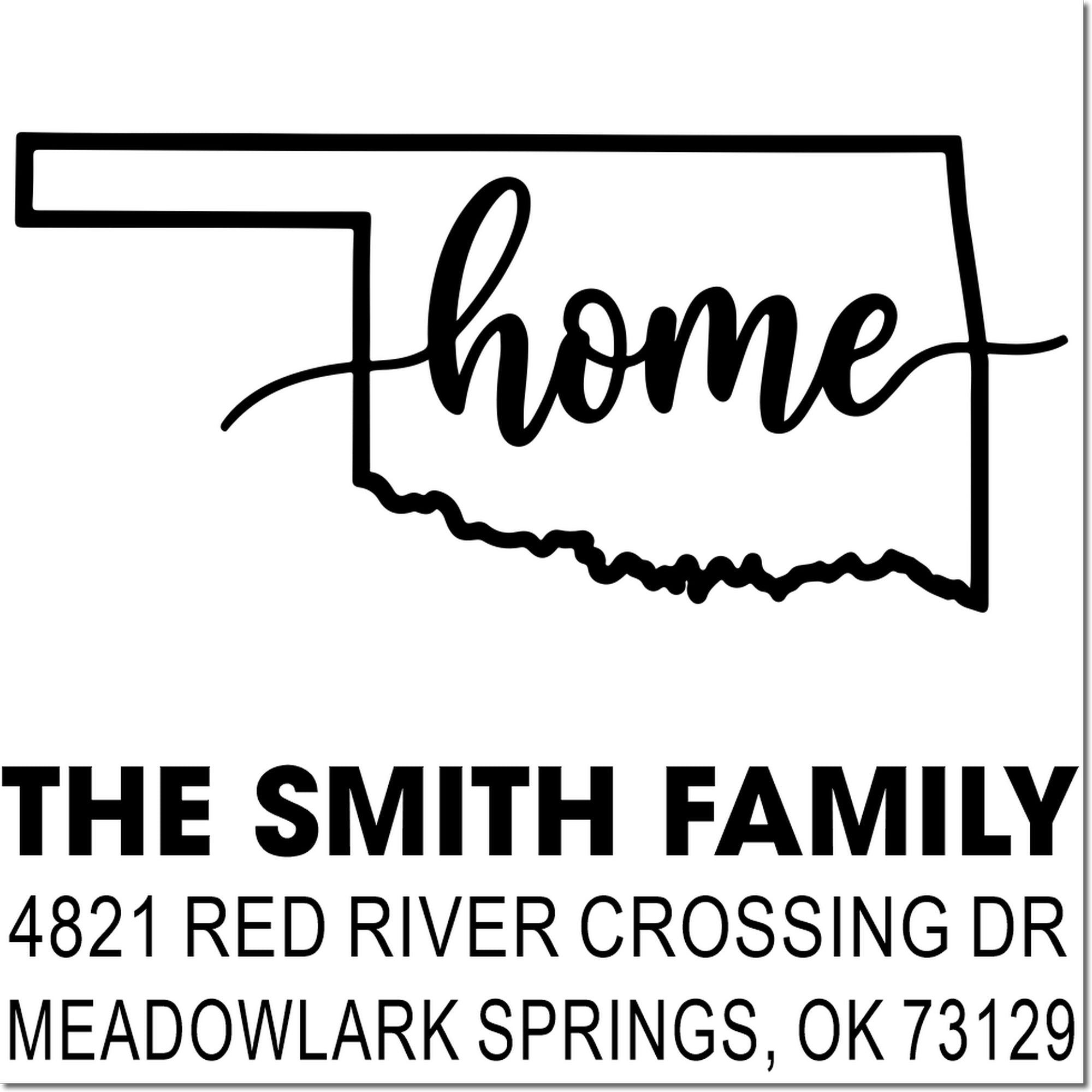 Custom Oklahoma home address rubber stamp with family name and mailing address for personalized return mail.