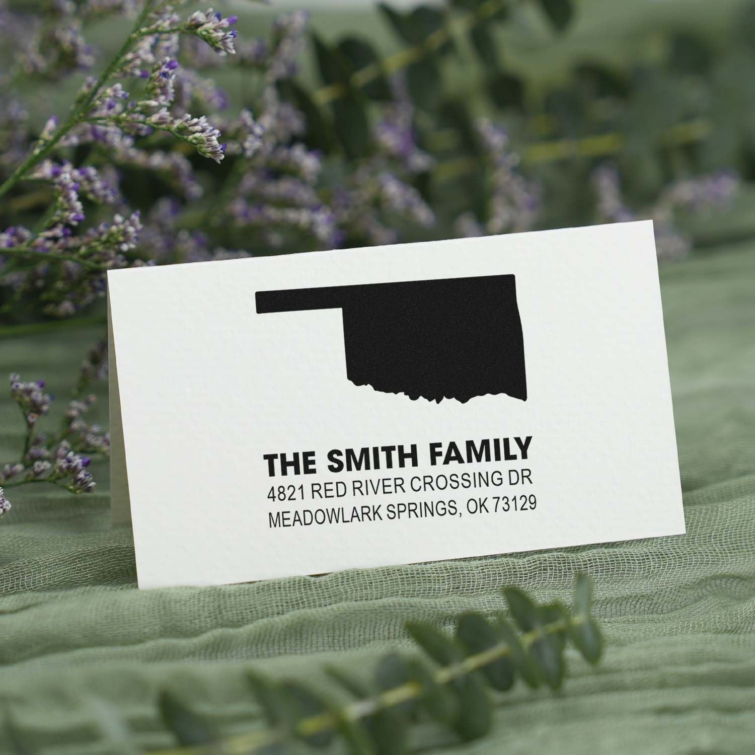 Custom return address rubber stamp featuring Oklahoma silhouette and The Smith Family mailing details.