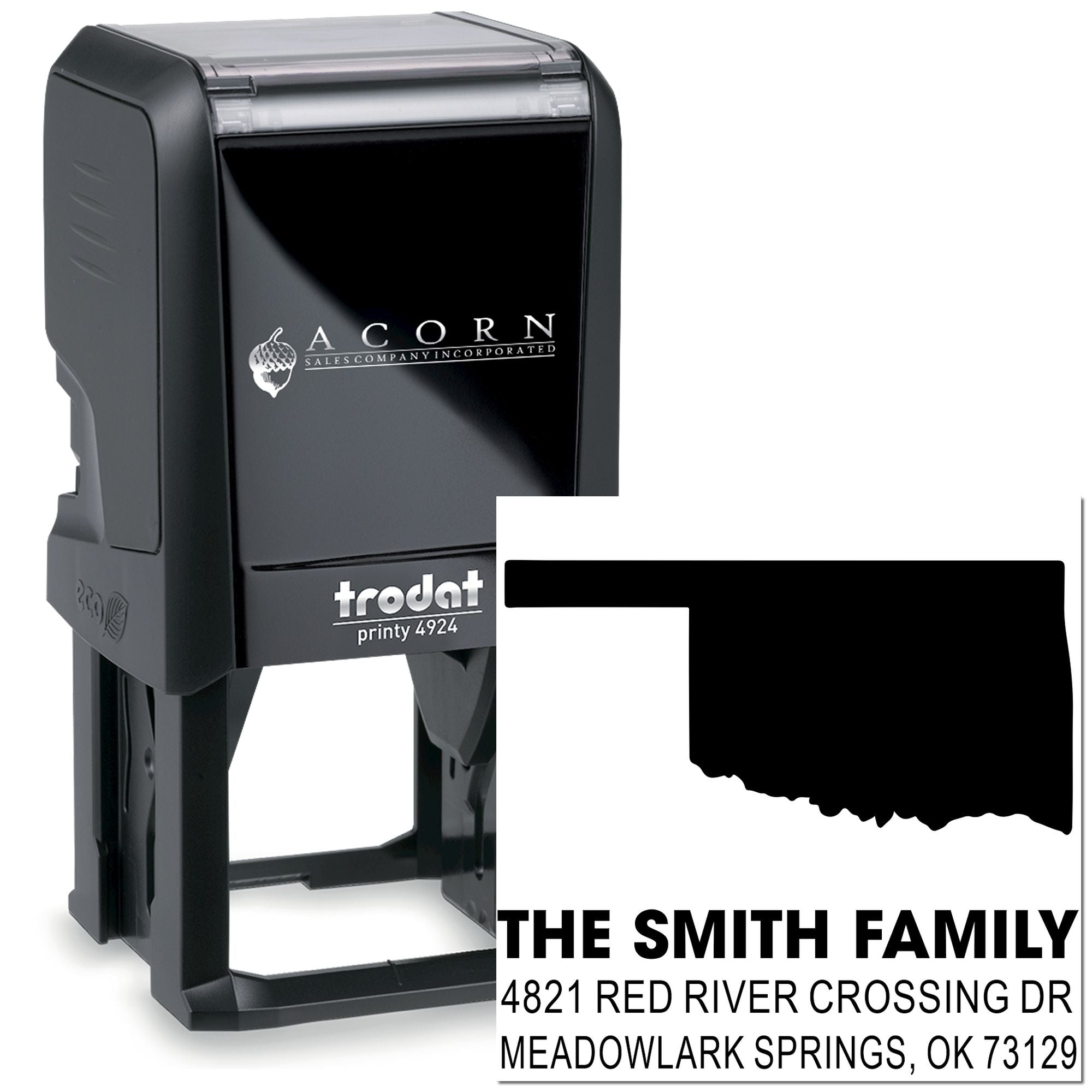 Custom self-inking rubber address stamp with Oklahoma state design for The Smith Family mailing label.