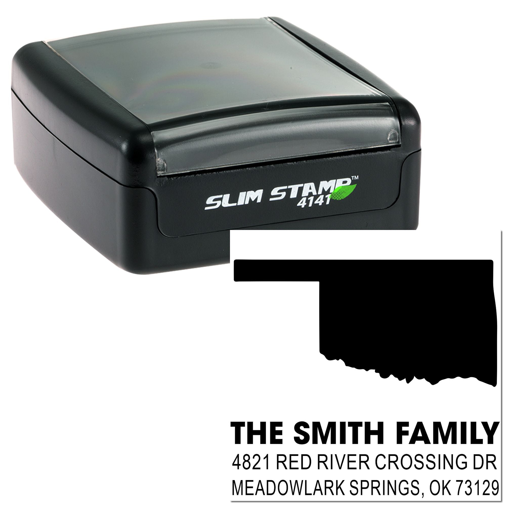 Custom self-inking return address rubber stamp, Slim Stamp 4141, featuring The Smith Family name and mailing address.