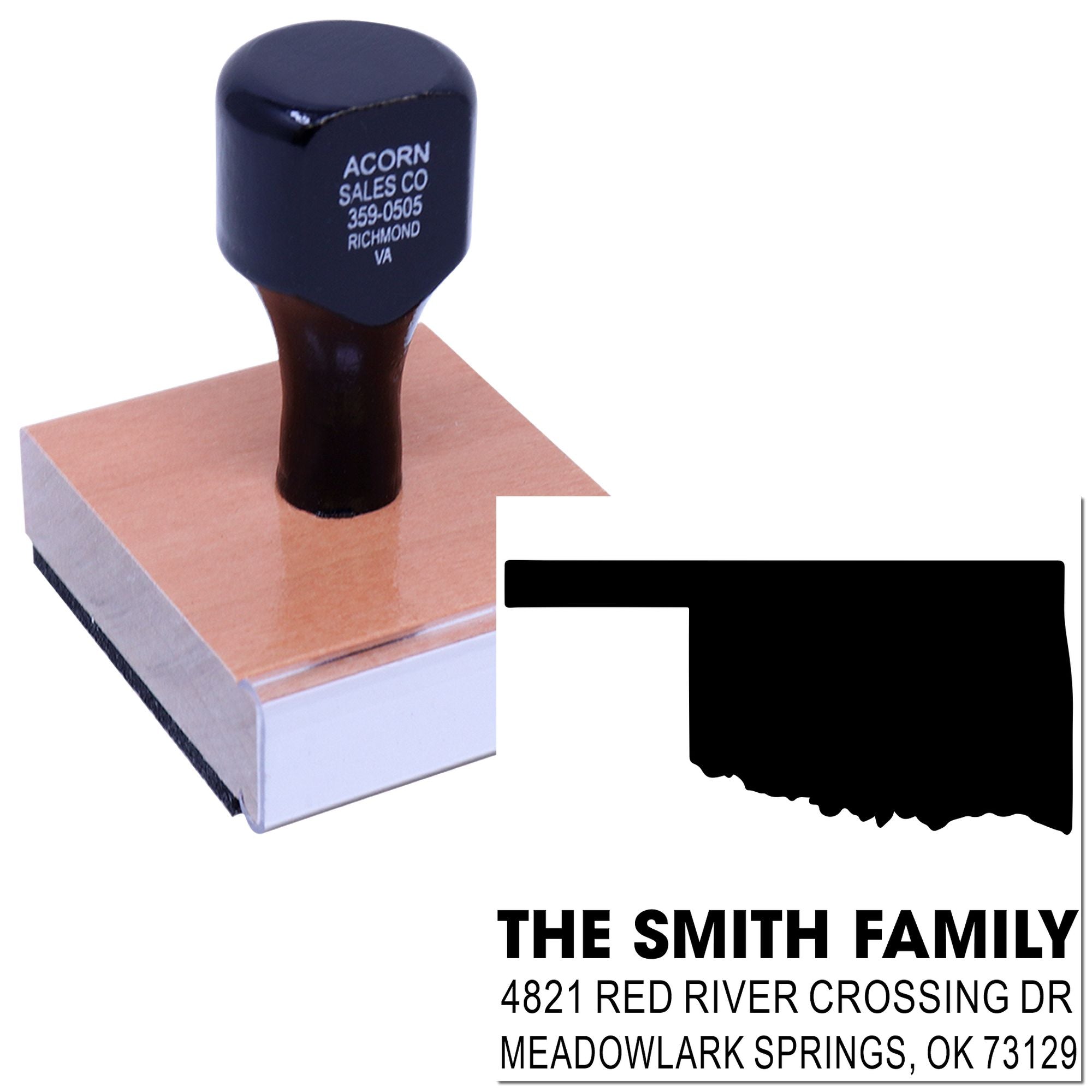 Custom self-inking return address rubber stamp for The Smith Family in Meadowlark Springs, OK, for personalized mail and envelopes