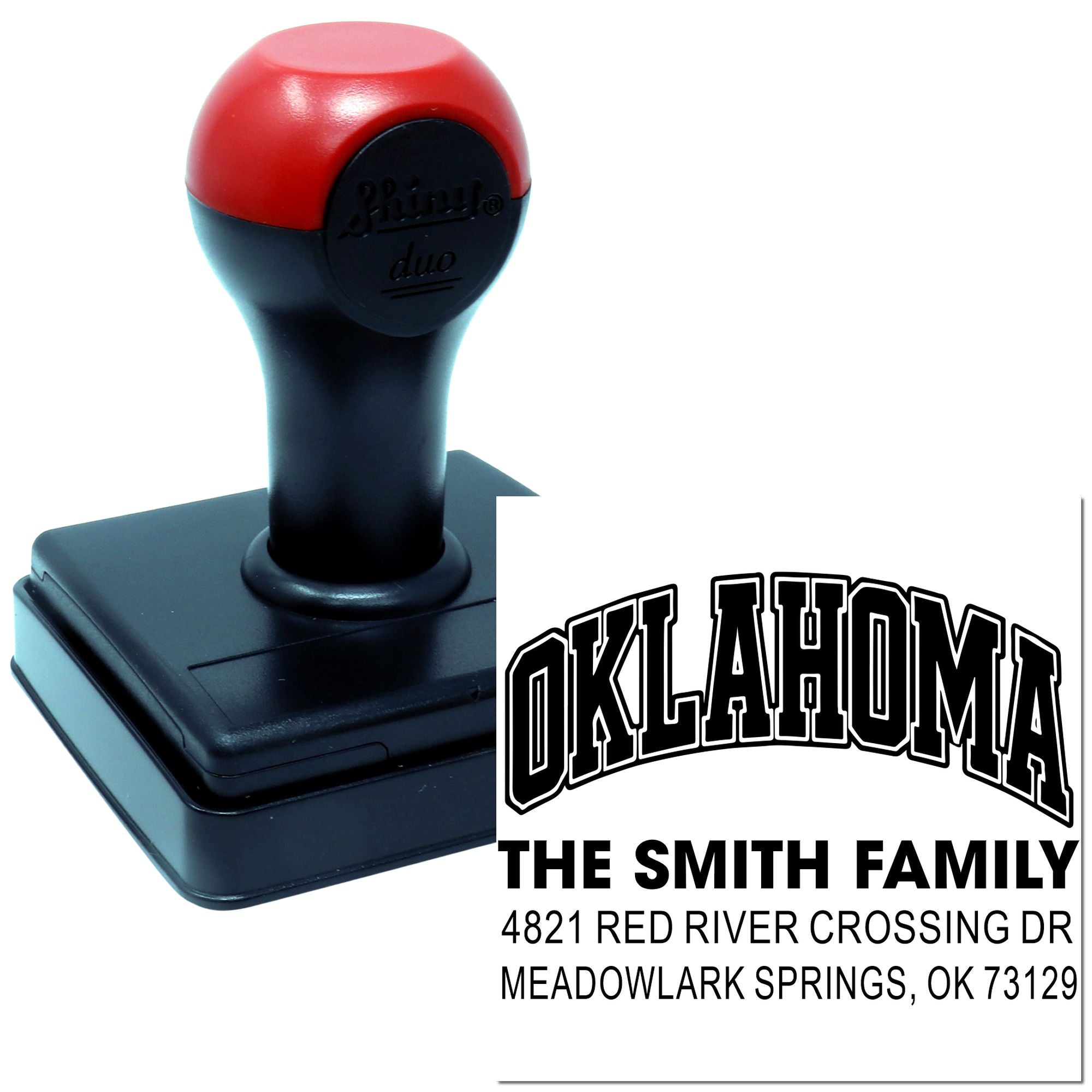 Custom self-inking rubber stamp for Oklahoma family address, with The Smith Family and return mailing address imprint.