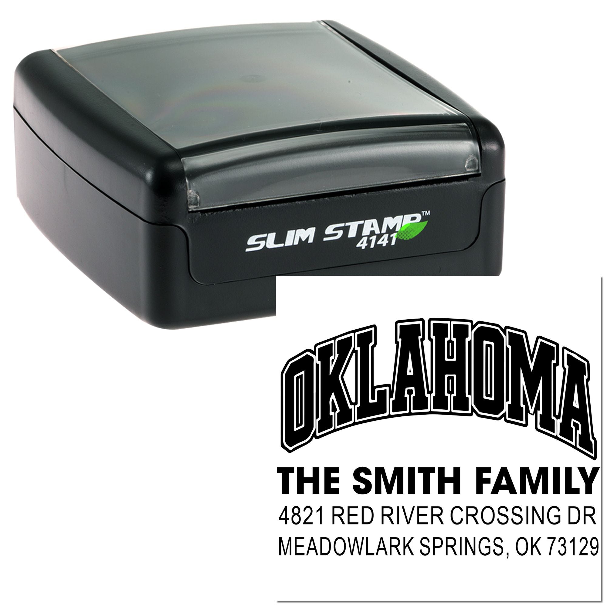 Slim Stamp 4141 self-inking custom address rubber stamp with Oklahoma family name and address for mail and return addresses.