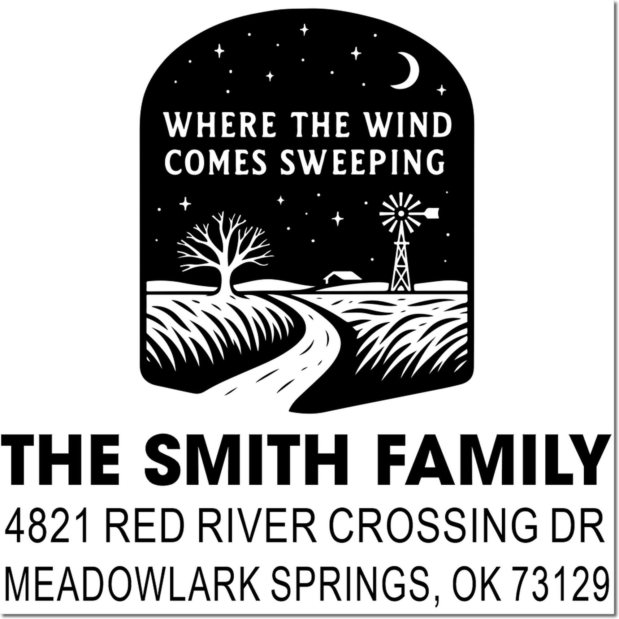 Custom return address rubber stamp for The Smith Family in Meadowlark Springs, OK, with rustic windmill farm design.