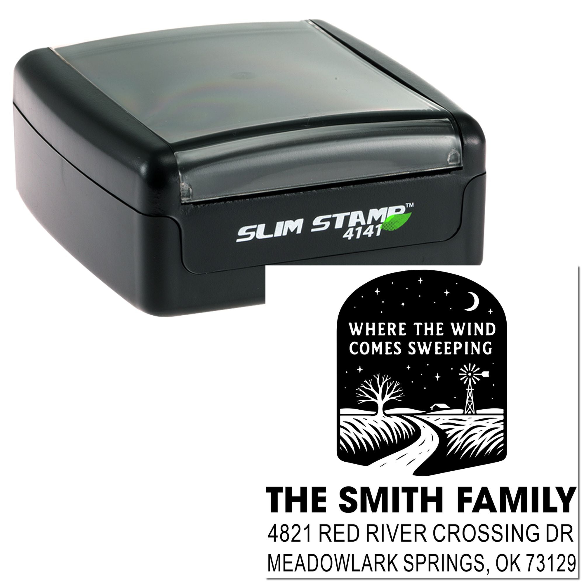 Windy Prairie Landscape Square Rubber Pre-Inked Stamp