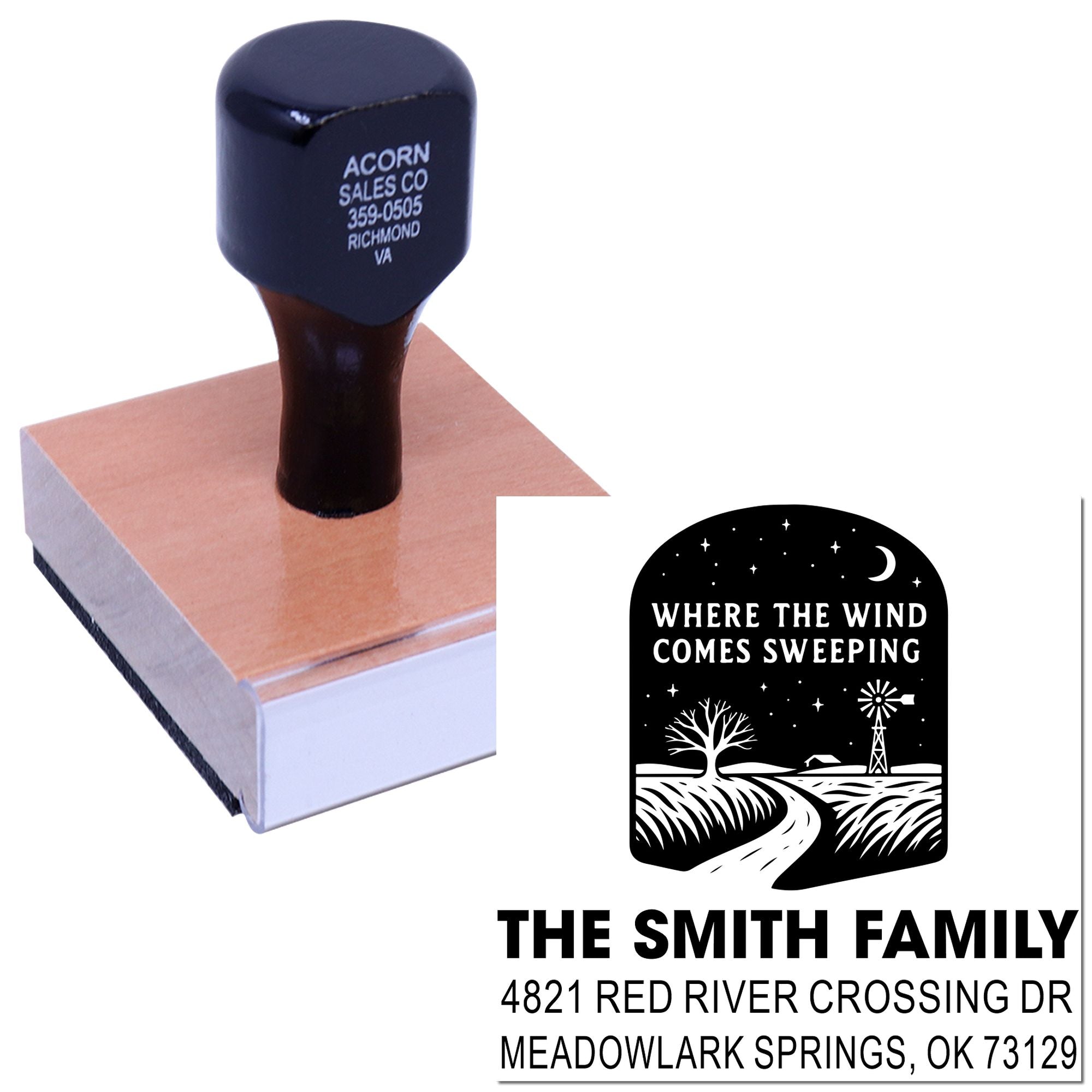 Custom rubber address stamp with windmill design and Smith family return address, shown on a mounted stamp block.