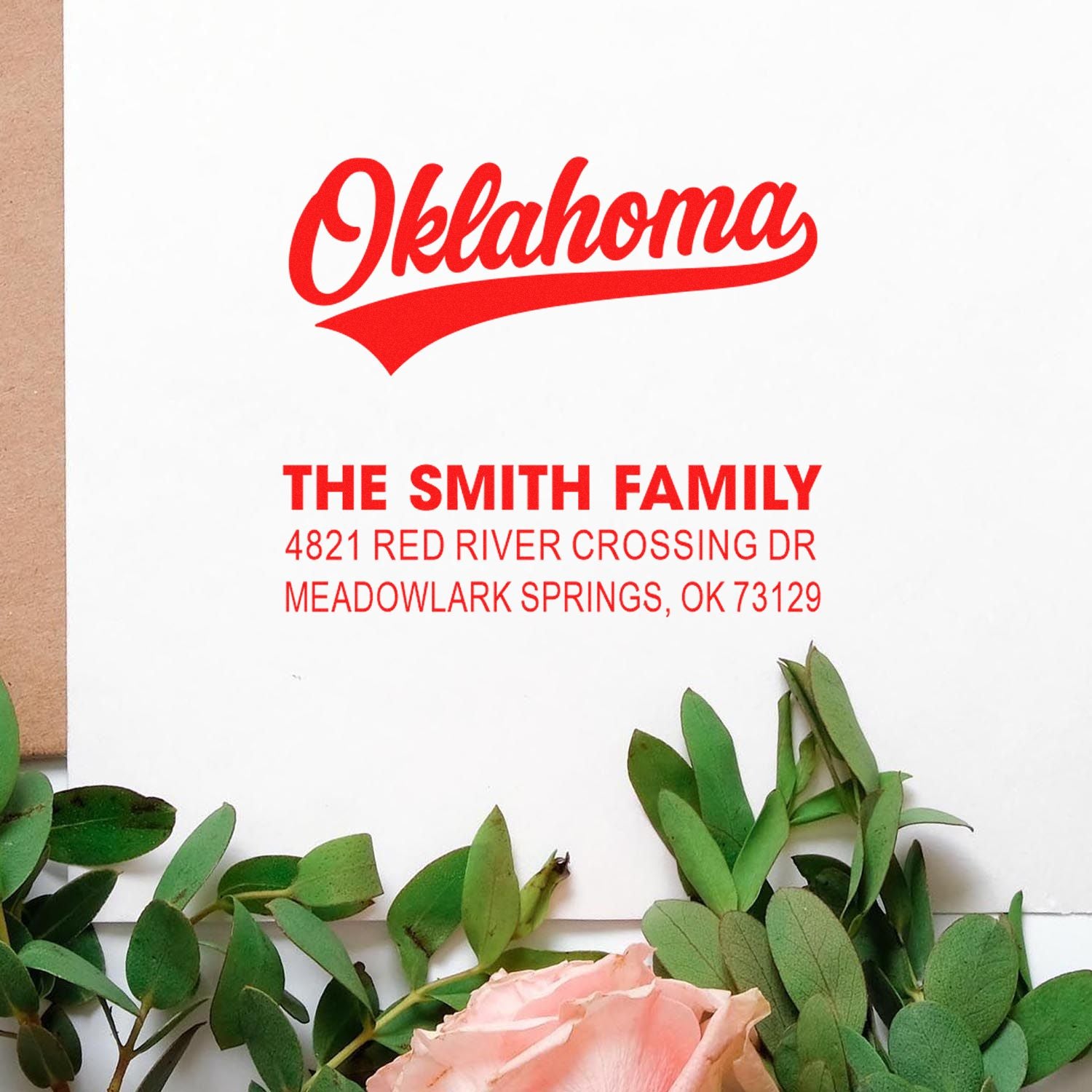 Custom Oklahoma return address rubber stamp for The Smith Family, featuring a personalized home address for envelopes.