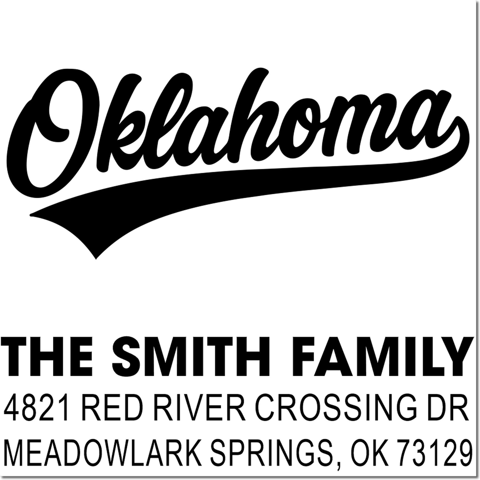 Personalized Oklahoma return address rubber stamp for The Smith Family, Meadowlark Springs, OK 73129