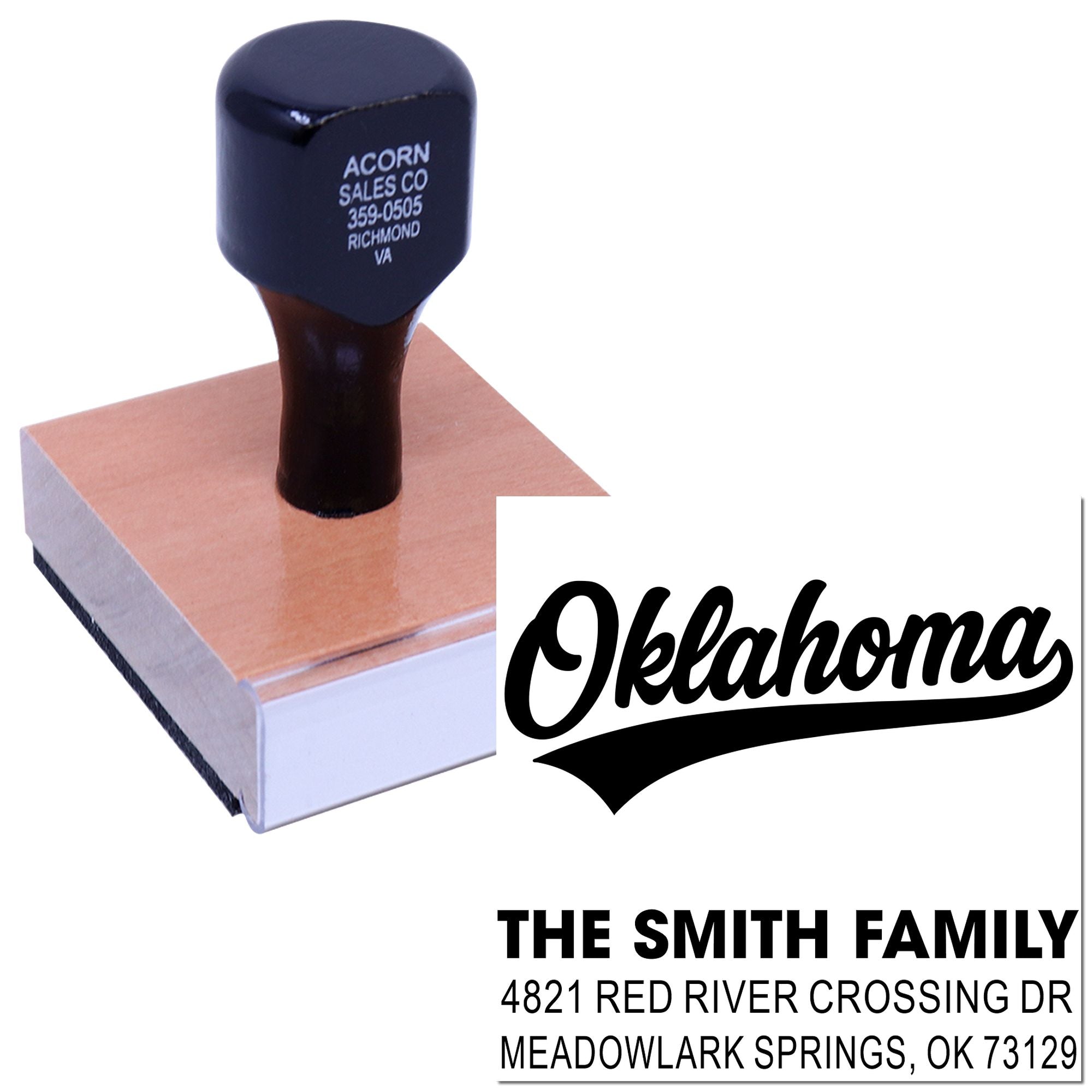Custom Oklahoma return address rubber stamp for The Smith Family with name and address imprint