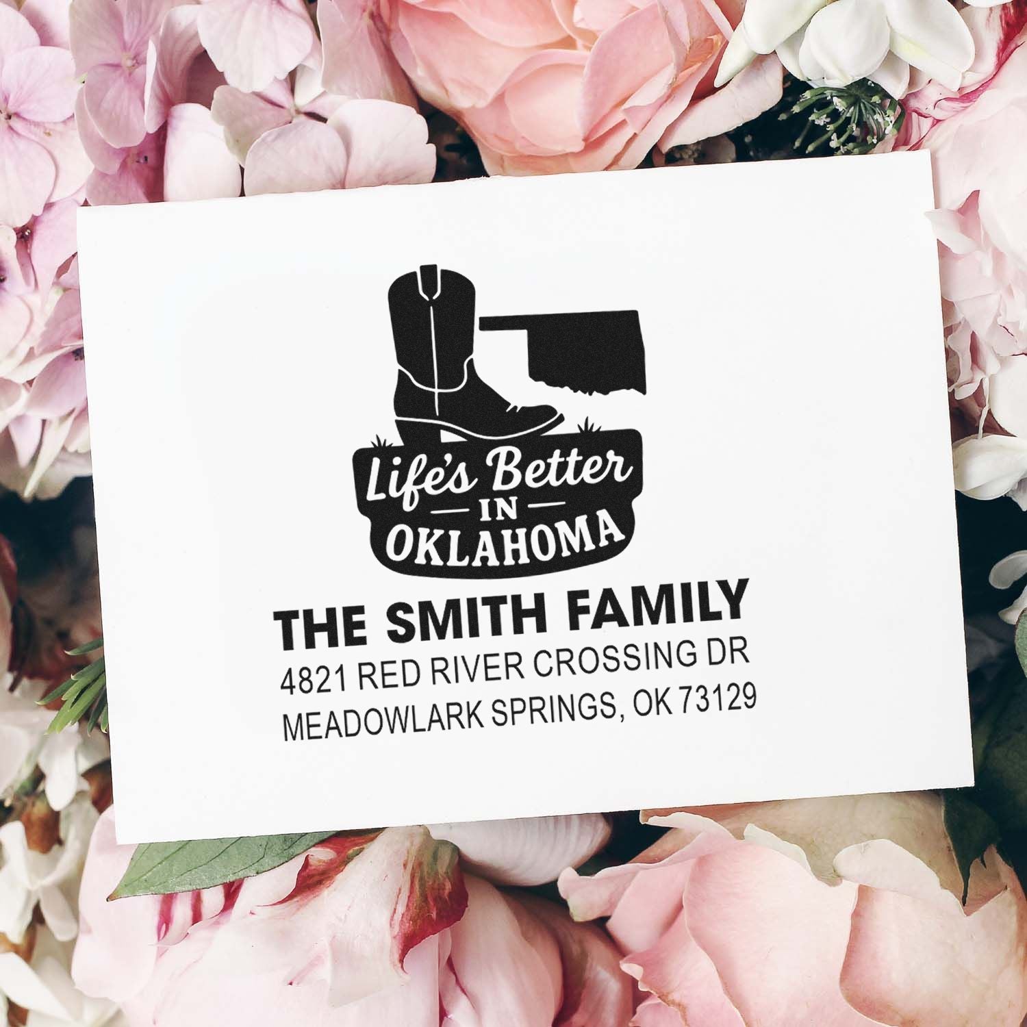 Custom Oklahoma return address rubber stamp with cowboy boot design for The Smith Family