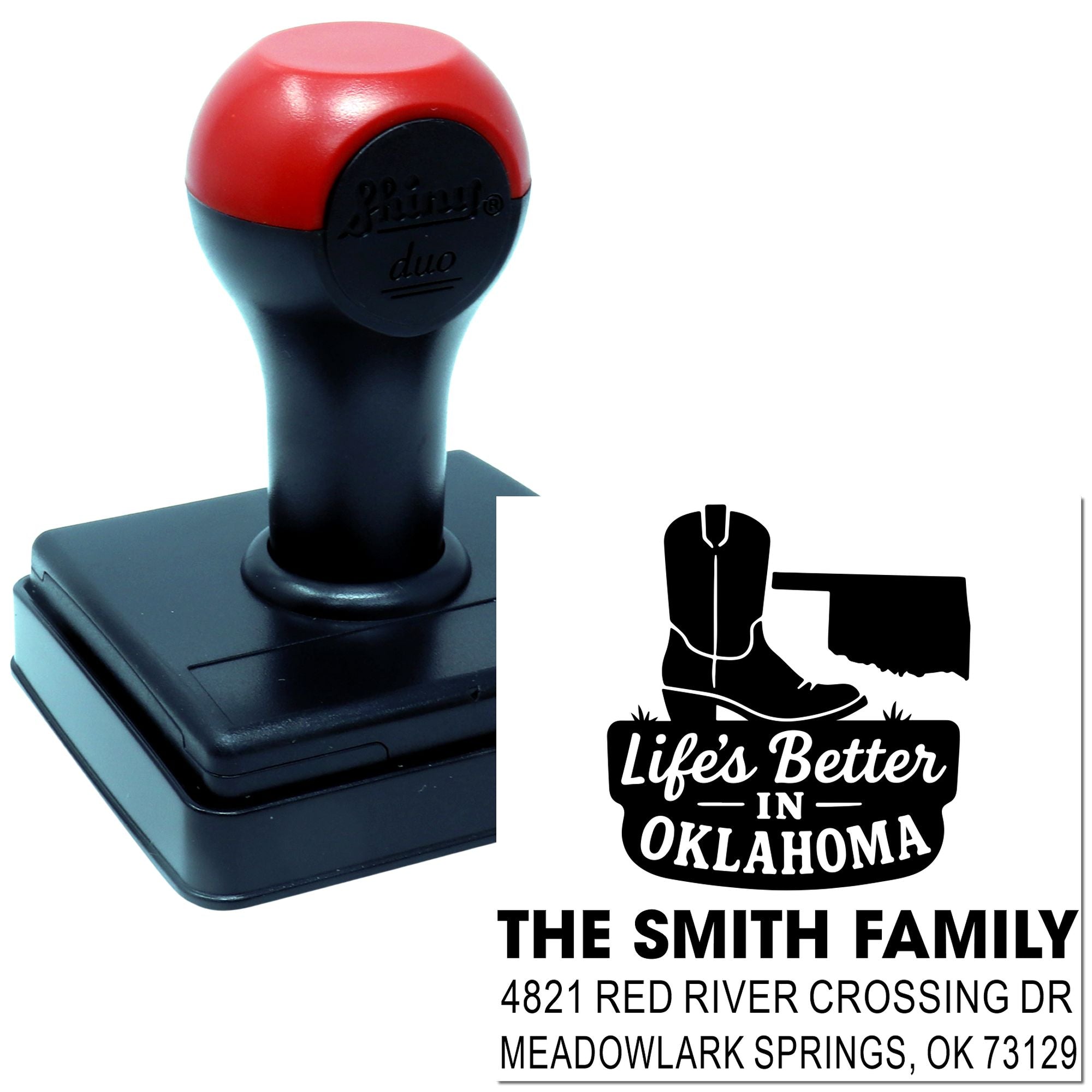 Self-inking custom Oklahoma return address rubber stamp with Lifes Better in Oklahoma design for personalized family envelopes