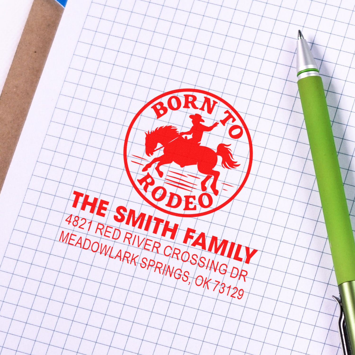 Personalized return address rubber stamp with Born to Rodeo cowboy design for the Smith family.