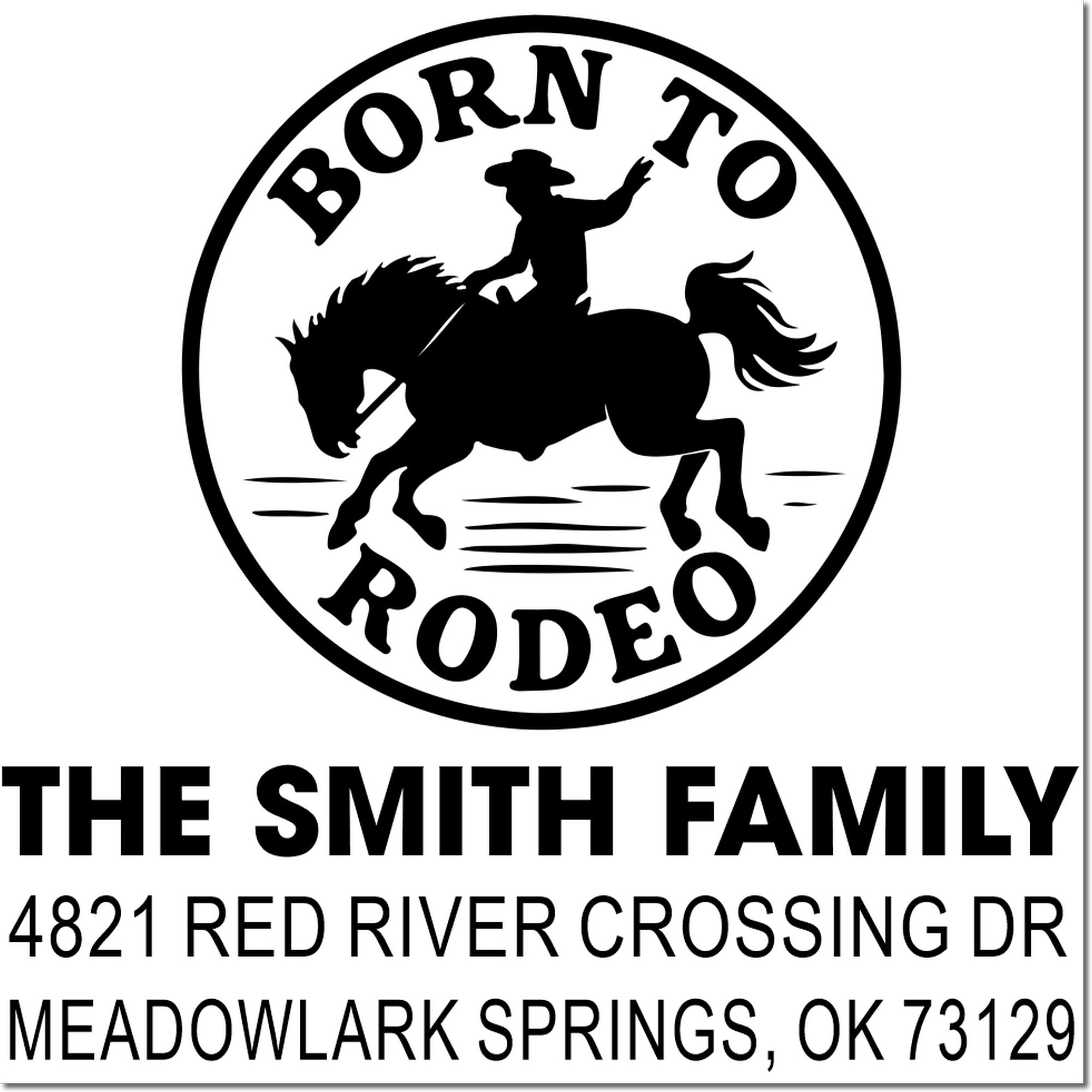 Custom rodeo family rubber stamp with return address for The Smith Family, Meadowlark Springs, OK 73129.