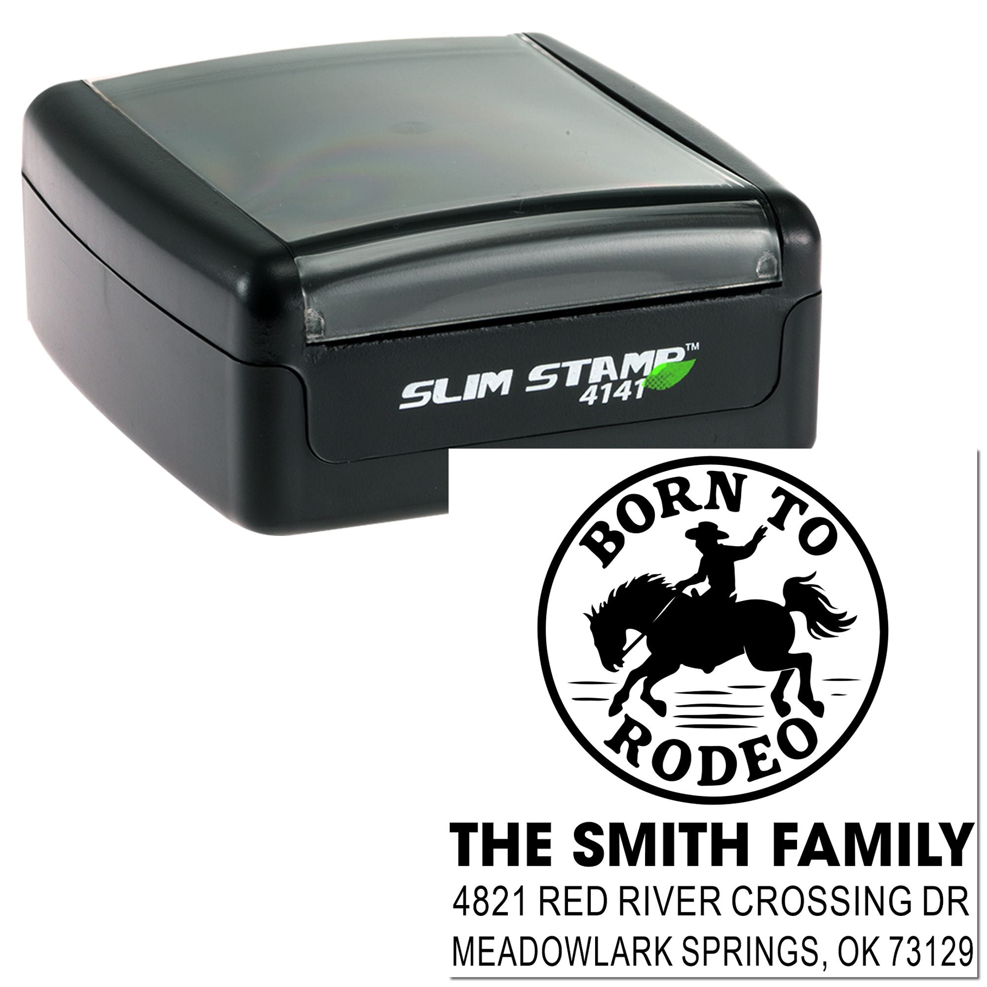 Custom self-inking rubber stamp with Born to Rodeo design and Smith family address for personalized mailing and branding.